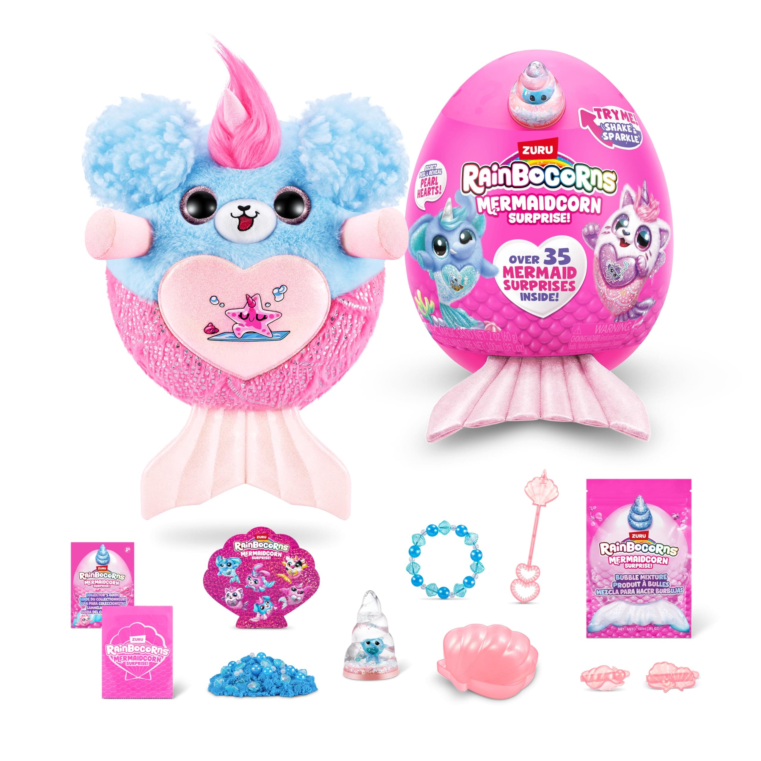 Rainbocorns Mermaidcorn (Puppy) by ZURU, Collectible Plush, Mermaid Surprises, Cuddle Plush Stuffed Animal, Surprise Egg, Stickers, Magic Sands & Bubble Mixture, for Girls 3+ Up