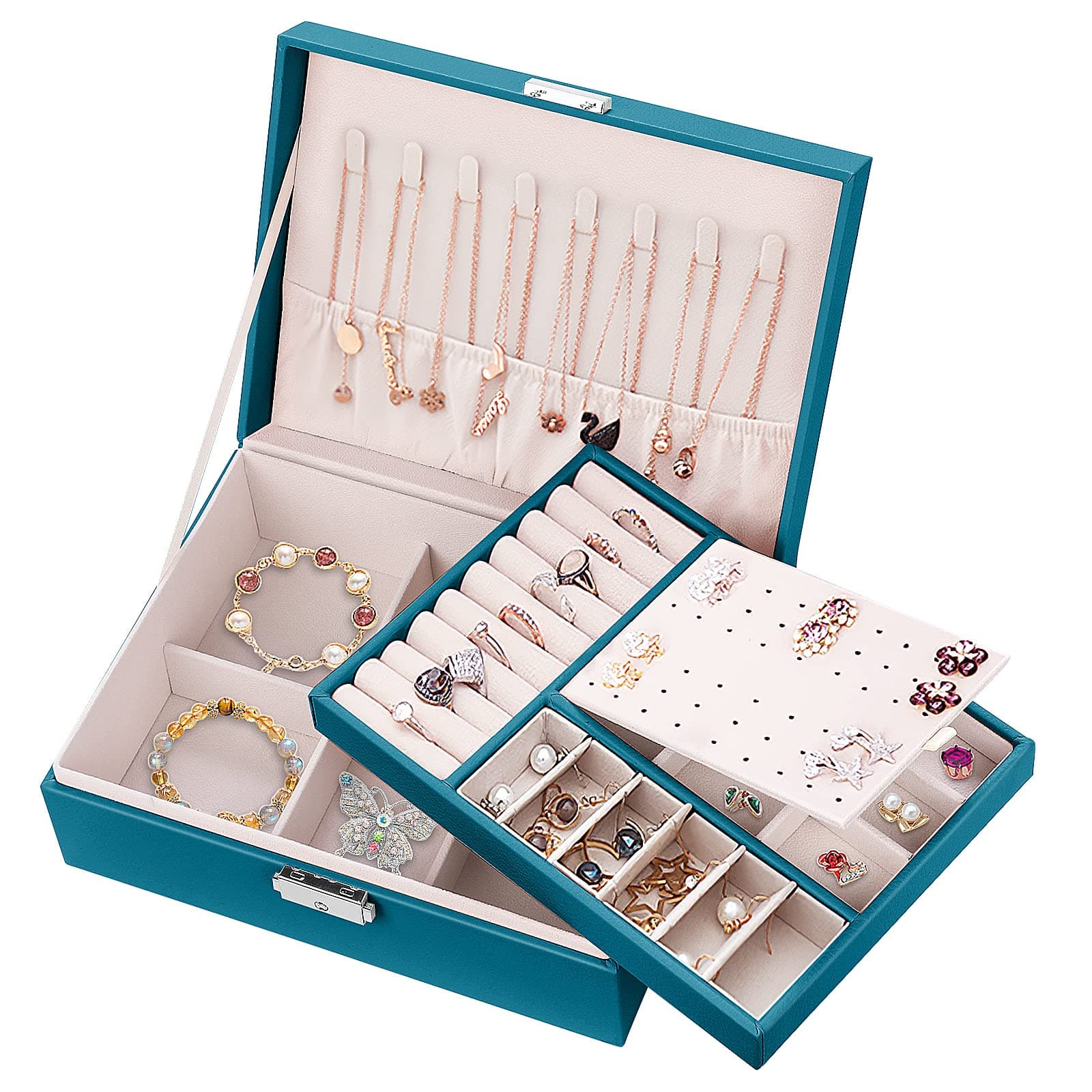 JanutsJanuts Jewellery Box Organiser for Girls Women PU Leather Travel Jewelry Storage Case 2 Layers Large Portable Lockable Jewellery Case with Removable Tray for Rings Earrings Necklace Bracelets, Green