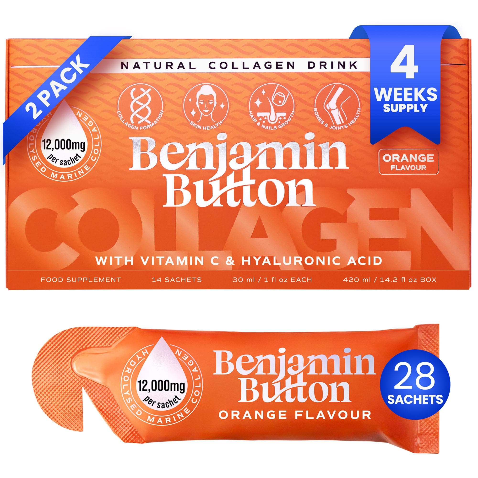 Benjamin Button Marine Collagen Liquid Sachet w/Hyaluronic Acid & Vitamin C | for Hair, Skin, Nails & Joints | 12,000mg High Strength Hydrolysed Collagen (Orange, 28x Sachets)