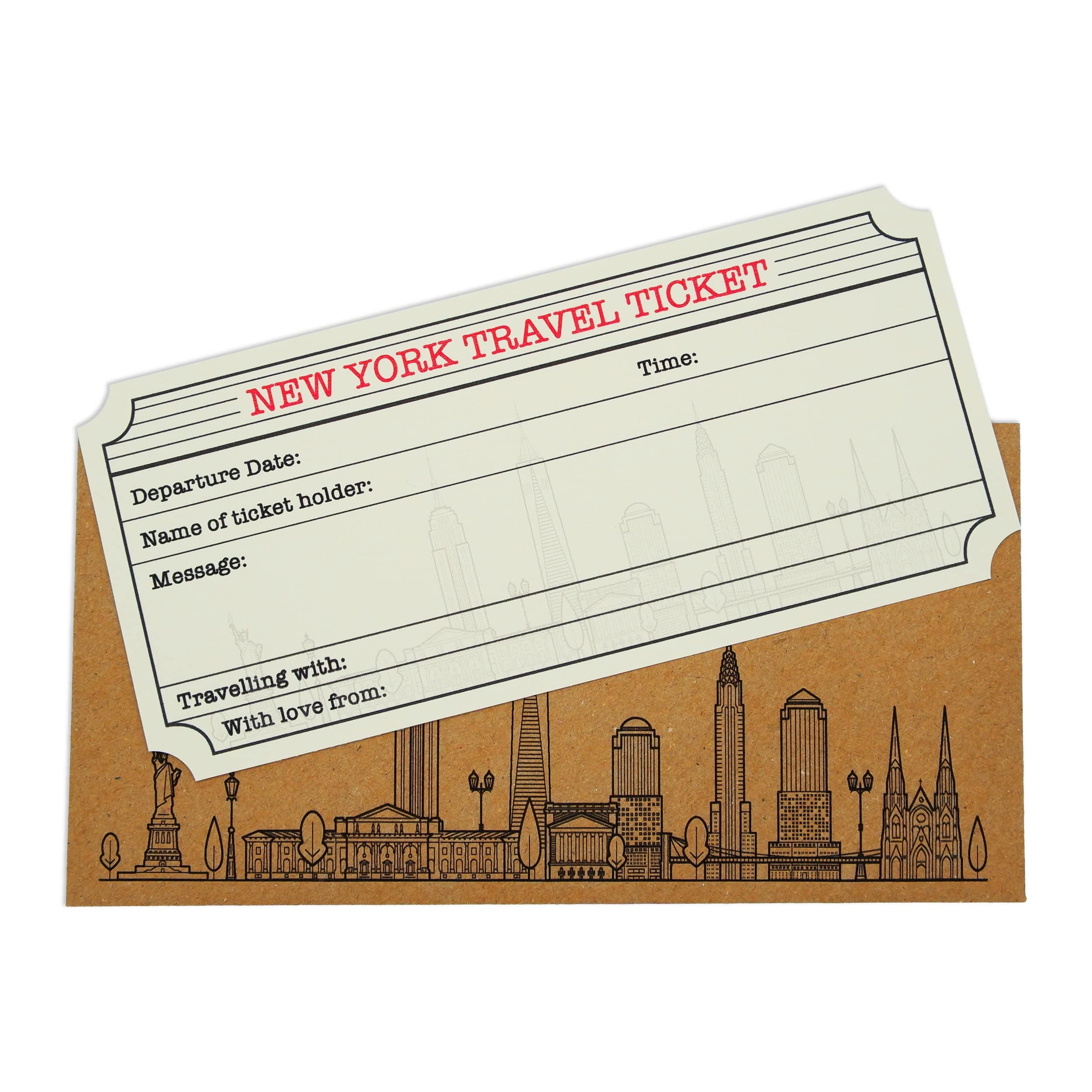 New York White (with Gold Shimmer Effect) Travel Ticket and Envelope (DIY). New York Themed (DIY) Ticket Surprise.
