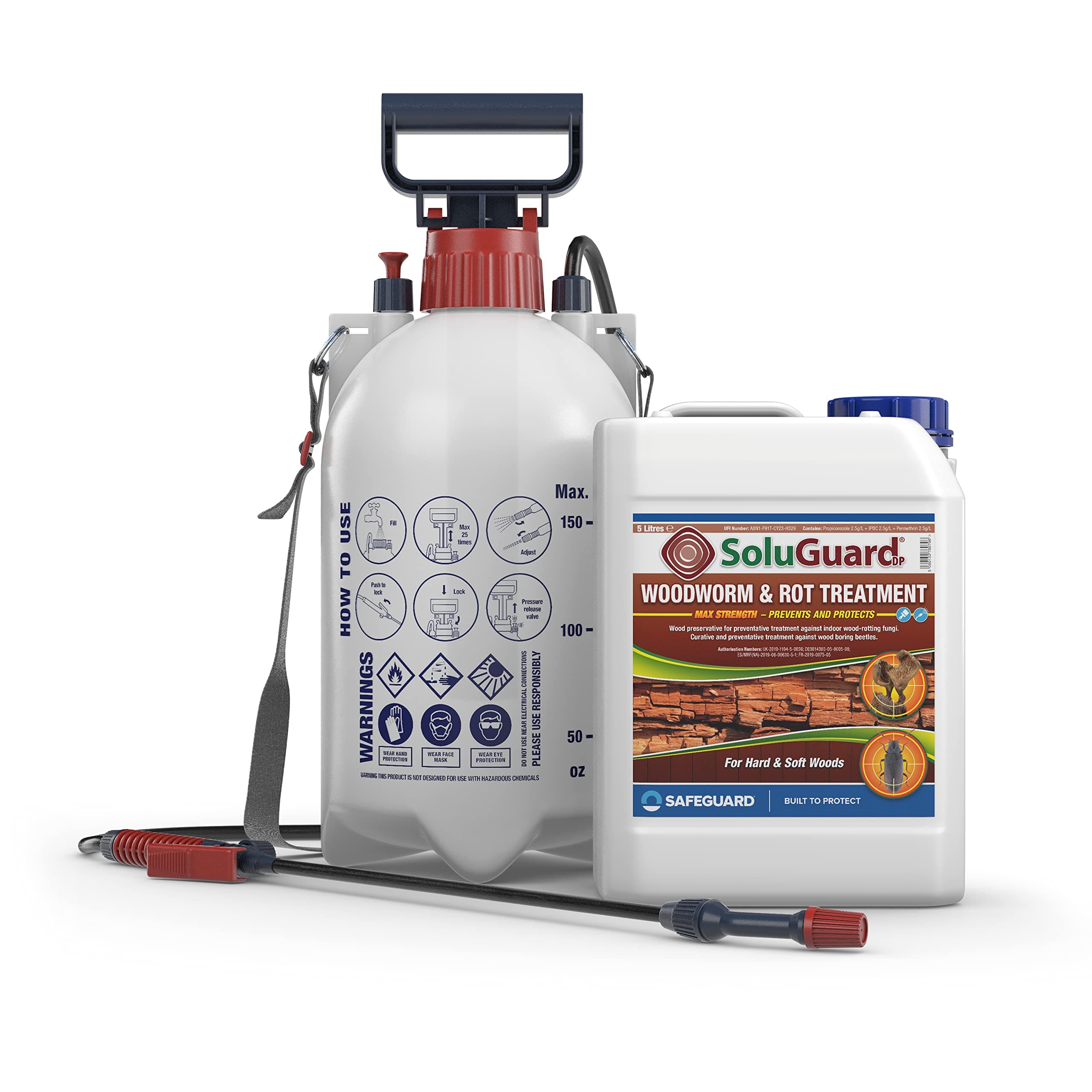 – Soluguard Woodworm and Rot Treatment (1x5L Clear & Sprayer) Ready for Use & Pump Action Pressure Sprayer. Solvent-free Preservative Woodworm Killer. HSE approved