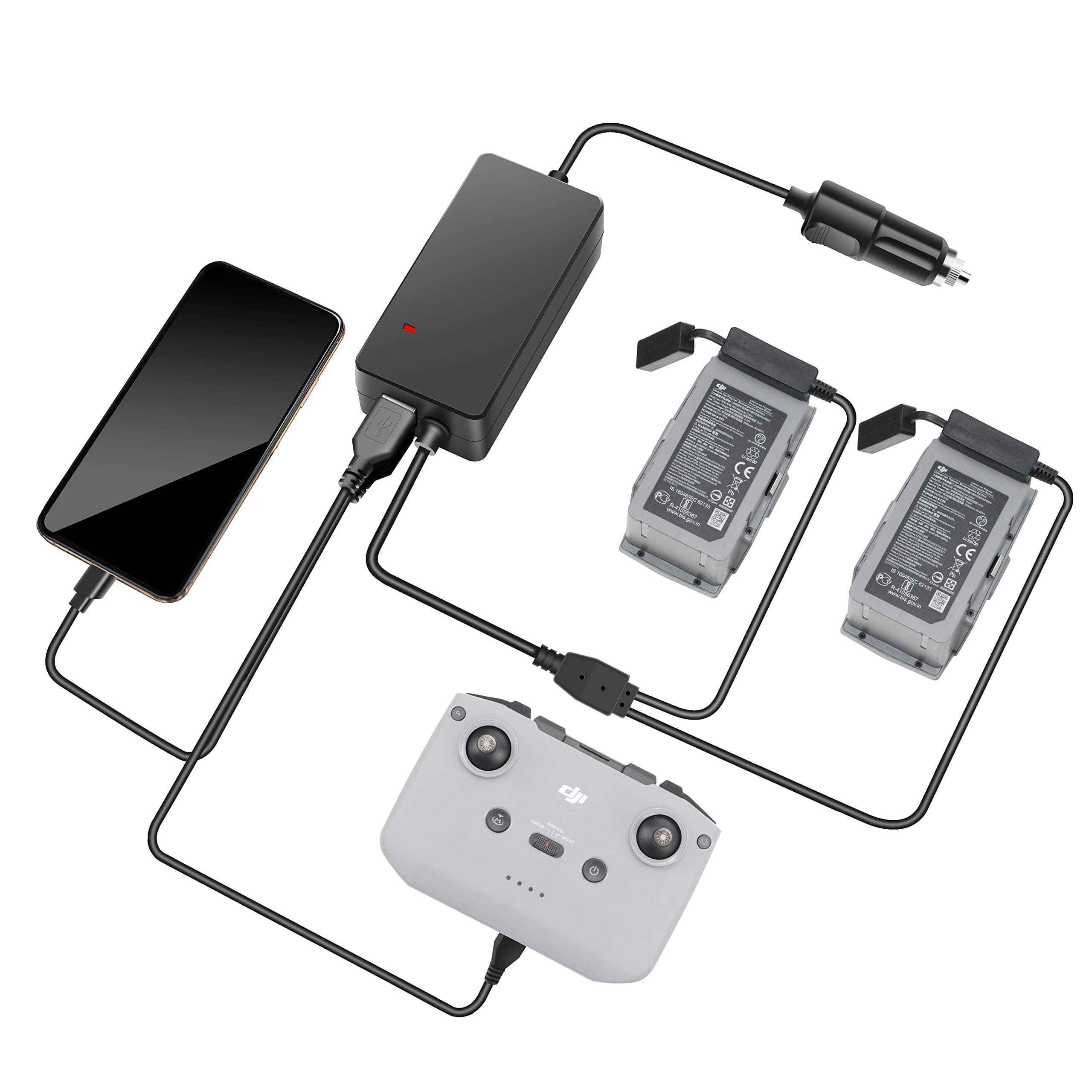 LYONGTECH Battery Car Charger for DJI Air 2S,Mavic Air 2 and Remote Controller,4 in 1(2 xUSB + 2 x Battery) 12volt Portable Multi Fast Charging Hub Accessories