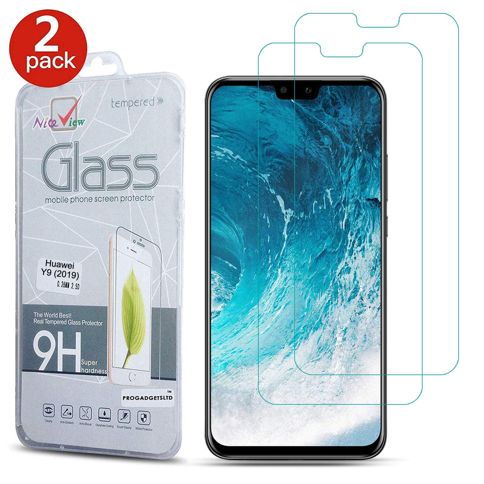 [2 Pack] Huawei Y9 2019 Screen Protector - Gorilla Tempered Glass Screen Protector Shockproof Protective LCD Film Guard Scratch-Resistant for Huawei Y9 (2019) (6.5 Inch)