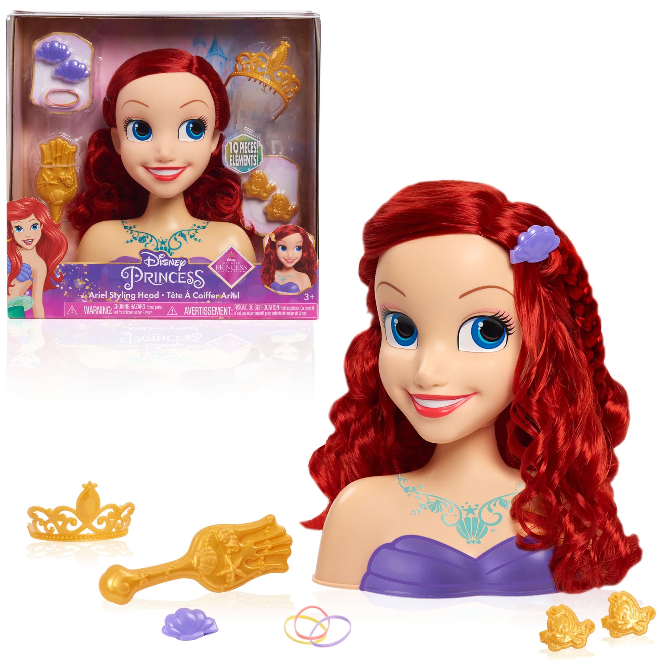 Disney Princess Ariel Styling Head, Red Hair, 10 Piece Pretend Play Set, The Little Mermaid, Officially Licensed Kids Toys for Ages 3 Up by Just Play