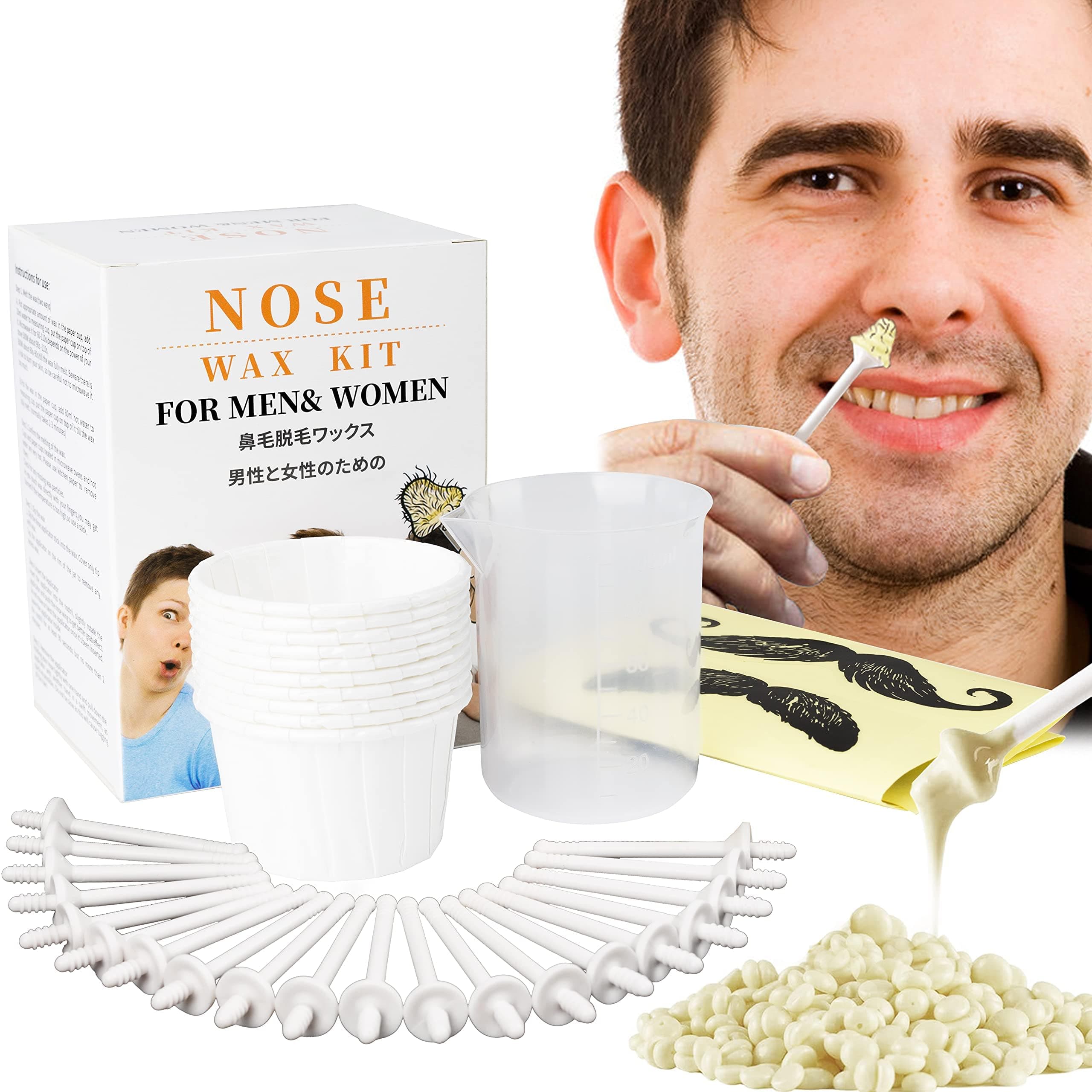Nose Wax Kit for Men Women, Nose Hair Removal Ear Hair Waxing Kit Eyebrows Lips Facial Nose Hair Remover Wax, 50g Hard Wax Beads 20 Applicators 10 Paper Cups for 10 Time Usage-Gift for Men