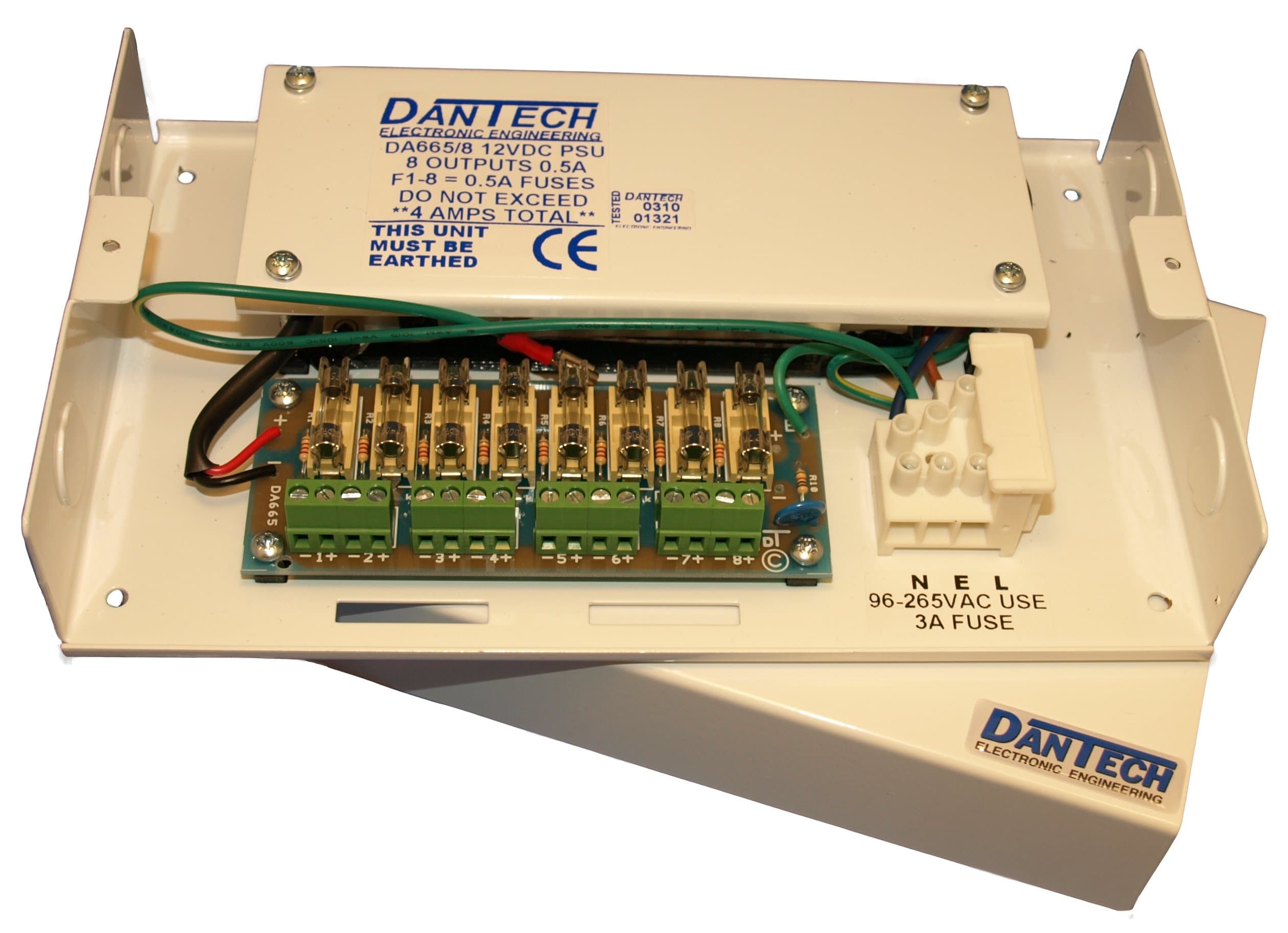 Dantech DA665-8 12V DC 4A Multi-Purpose Multiple Output Switch-Mode Power Supply (8 x 500mA) in a mild Steel Wall Mount Enclosure.