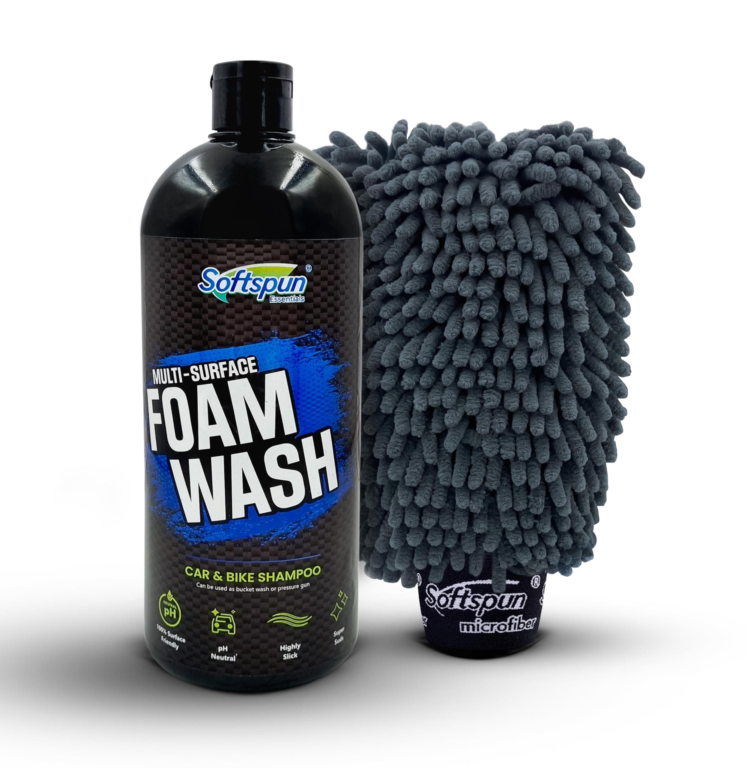 SOFTSPUN Microfiber 1Ltr Car & Bike pH Neutral Premium Liquid Shampoo+1700gsm 1pc Double Side Glove Grey Combo | Extra Suds, Removes Tough Dirt & Grime | Works with Bucket & Foam Cannon