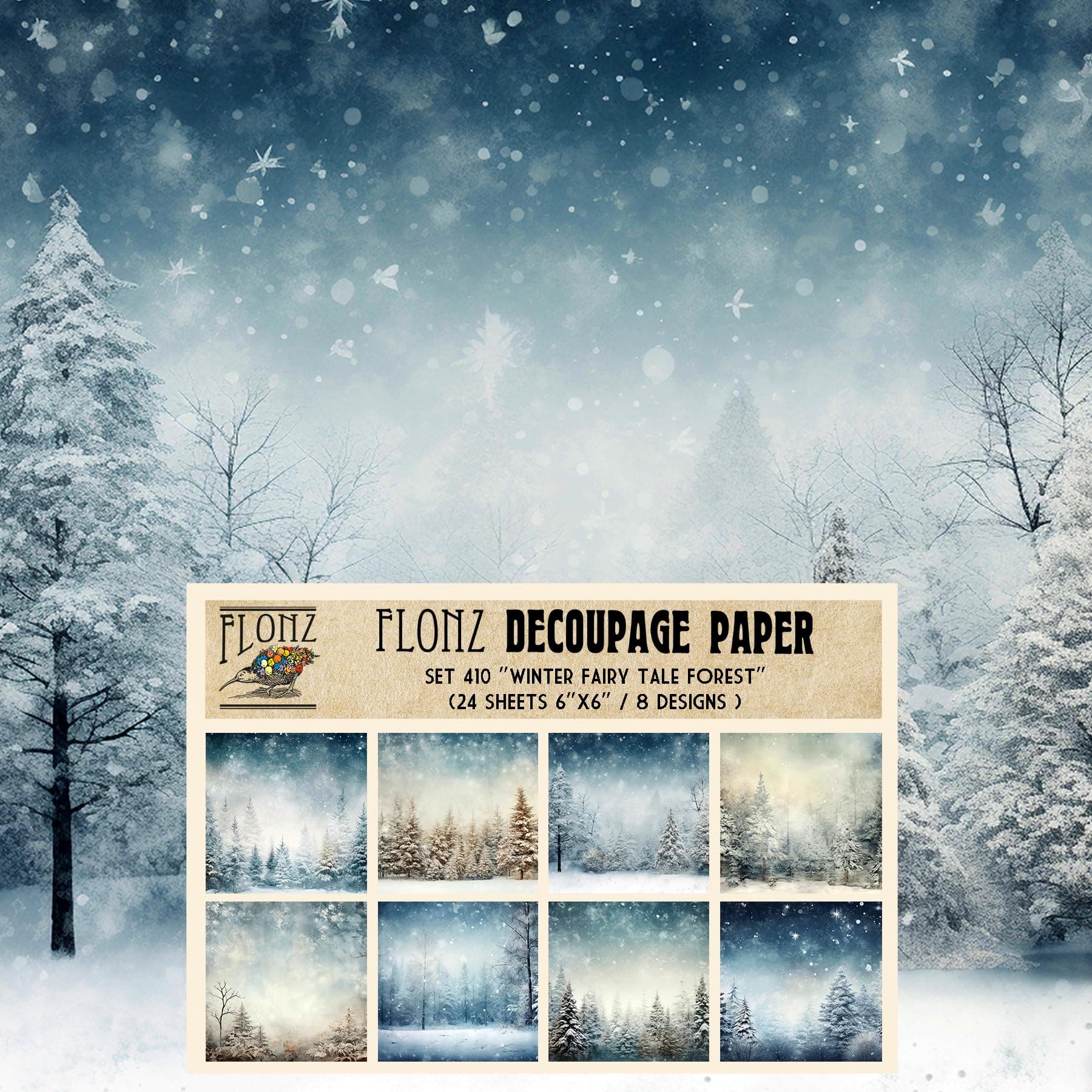 Decoupage Paper Pack (24 Sheets 6"x6") Winter Fairy Tale Forest # Vintage Styled Pattern Paper for Decoupage, Craft and Scrapbooking
