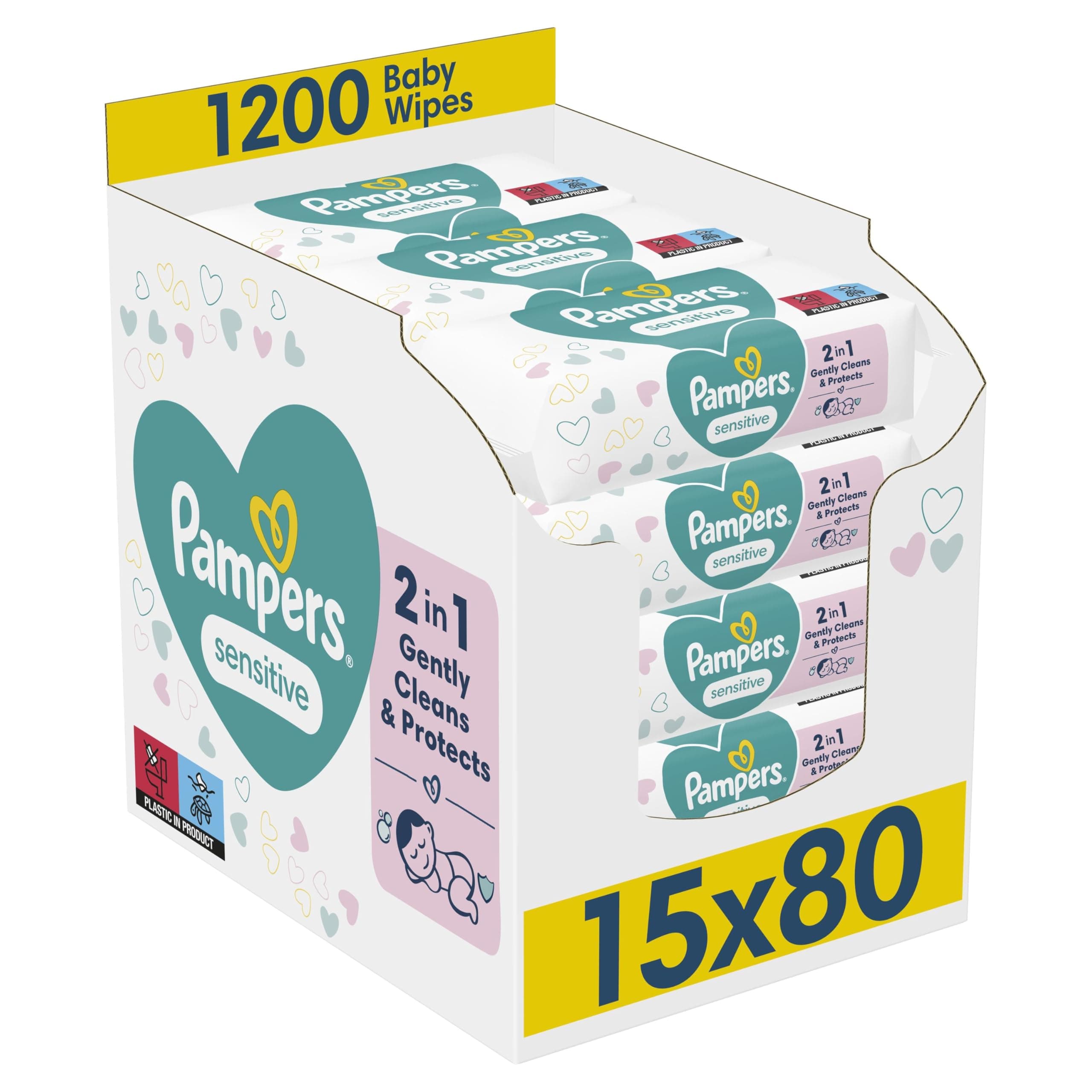 Sensitive Baby Wipes 15 Packs of 80 = 1200 Baby Wet Wipes, Unscented, For a Soft And Gentle Clean