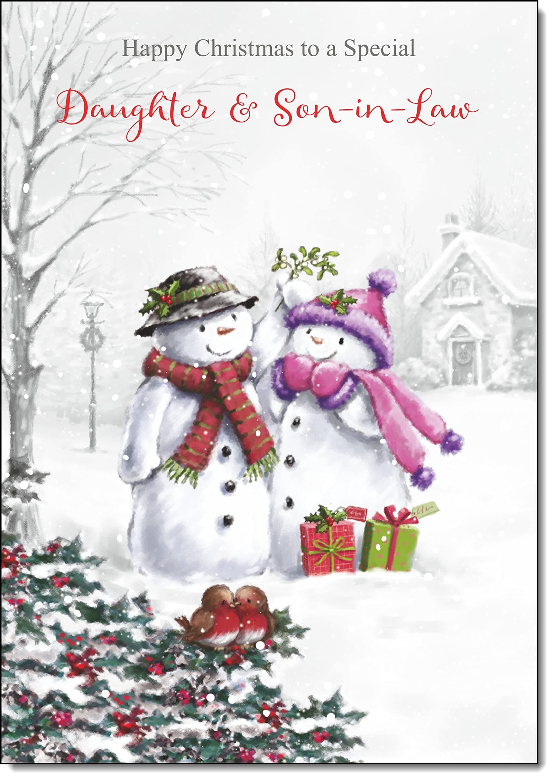 doodlecards Daughter & Son-In-Law Christmas Card Two Snowmen Medium Size with Plain Red Envelope