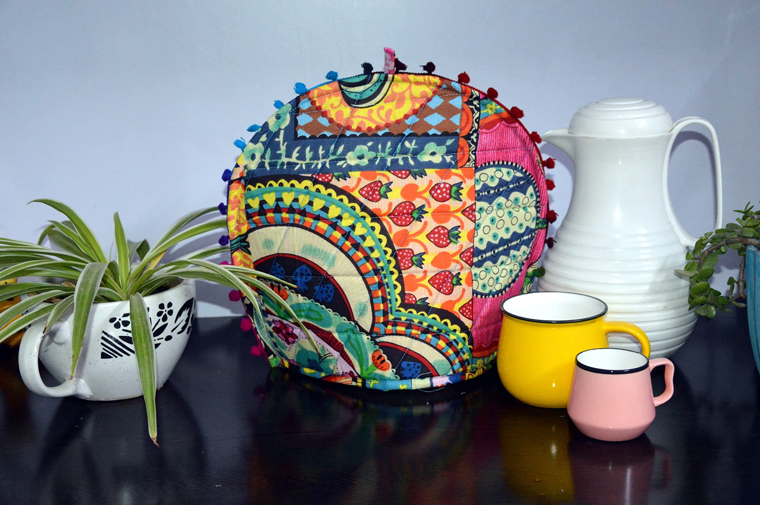 Marusthali Tea Cosy-Tea Kettle Cover-Tea Cozies For Teapot Indian Tea Cover 14'' ×11'' (1 Piece, Six color, Multi color with Pom Pom-1)