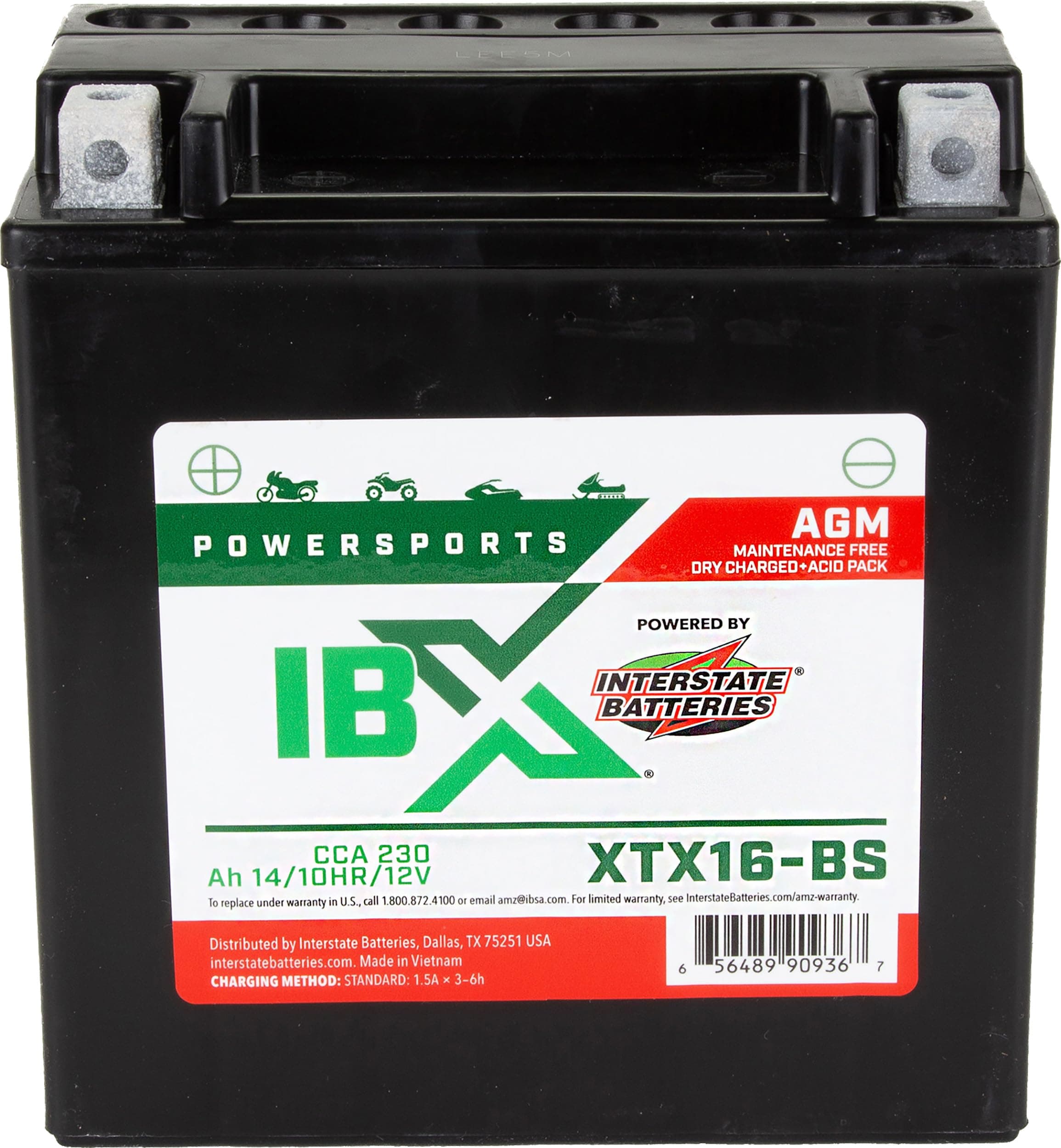 Interstate Batteries YTX16-BS 12V 14Ah Powersports Battery 230CCA AGM Rechargeable Replacement for ATVs, Motorcycles, Scooters (XTX16-BS)