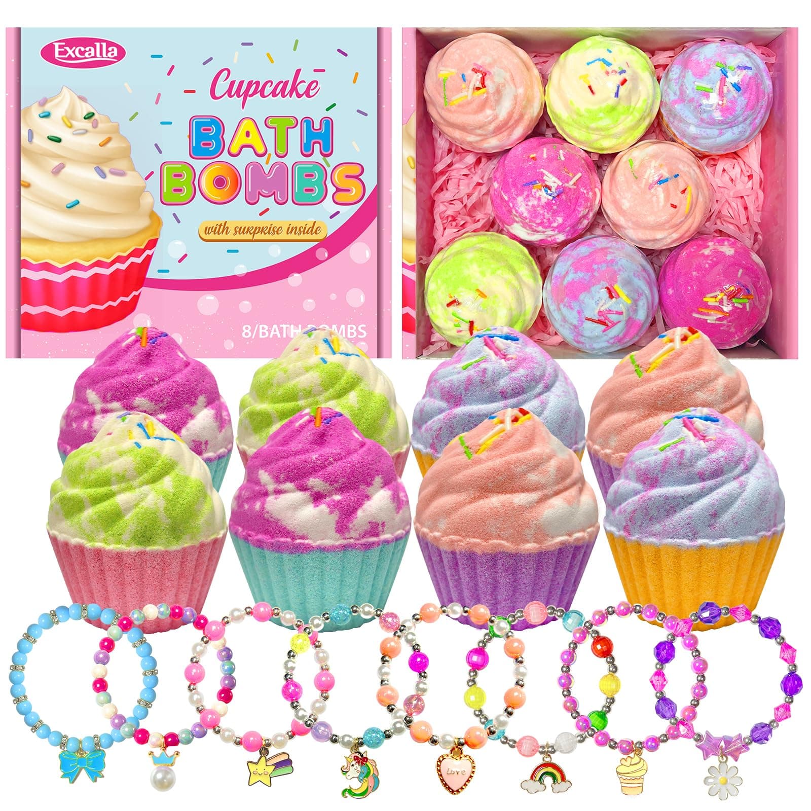 Easter Bath Bombs for Kids with Surprise Jewelry Inside, 8 Cupcake Bath Bombs for Girls Gift Set, Handmade Fizzes Balls with Rich Bubble Bath, Ideal for Chrildren Birthday Christmas