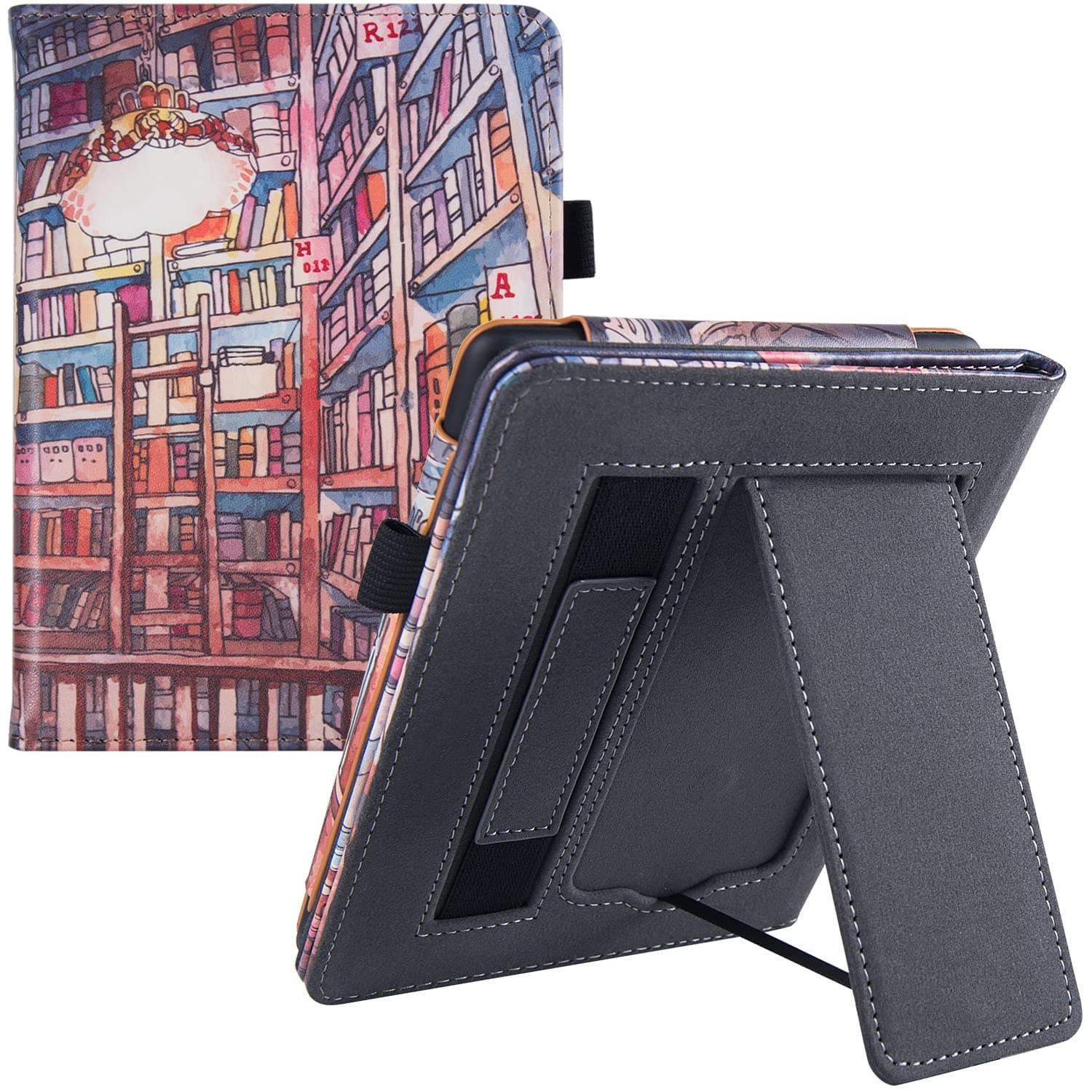 BOZHUORUI Stand Case for 6.8" Kindle Paperwhite 11th Generation - 2021 & Paperwhite Signature Edition e-Reader - PU Leather Sleeve Cover with Hand Strap/Auto Wake/Sleep, Bookstore