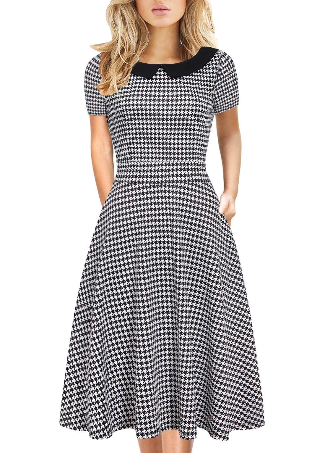 Women's Elegant Vintage Dresses Knee Length Casual Floral Print Work Party Peter Pan Collar A-Line Dress with Pockets 978