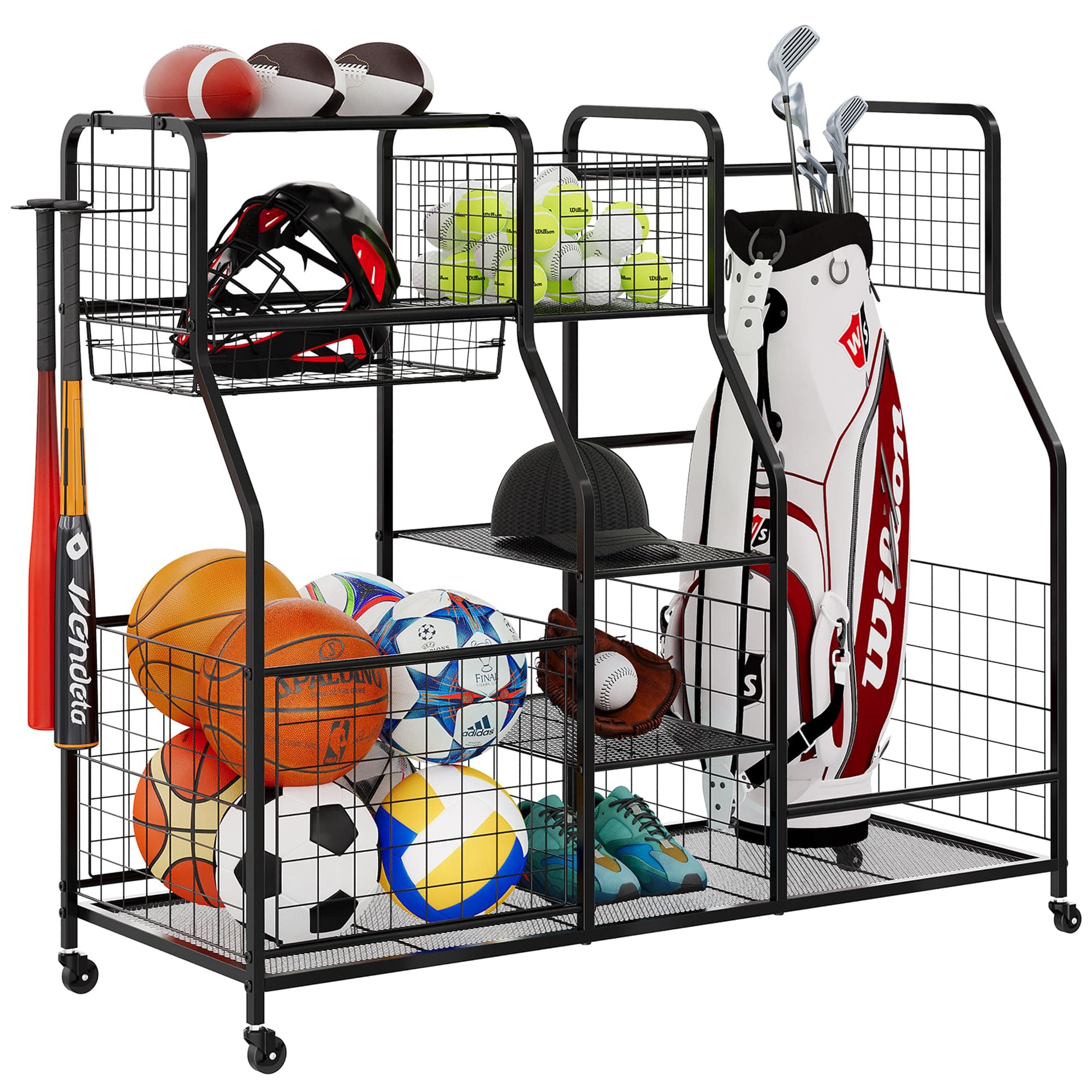 Garage Sports Equipment Organizer & Outdoor Toy Storage, Ball Storage Golf Organizer For Garage with Baskets, 5 Hooks