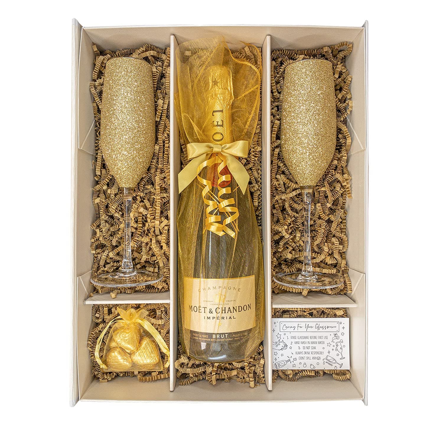 Moët & Chandon Impérial 75cl Gold Gift Set Hamper With 2 Matching Champagne Flutes, Chocolates and Gift Box - Golden Wedding, Congratulations Gift for Champagne Lovers