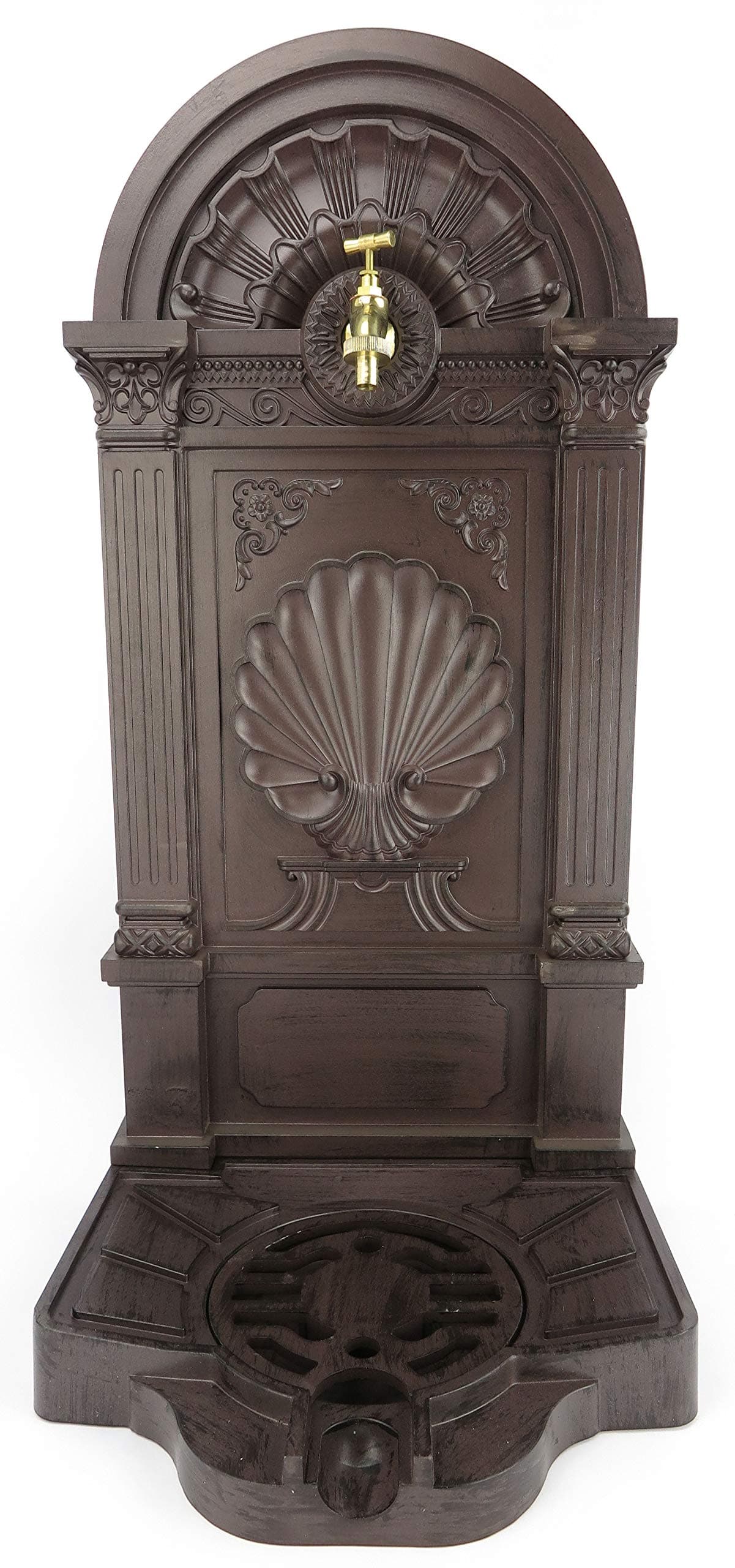 Clever-Deko Wall Fountain with Tap - Antique Brown Aluminium with Brass - Height 83cm, Width 39cm, Depth 34cm - Water Connection Height 64.5cm - Weight 6.3kg