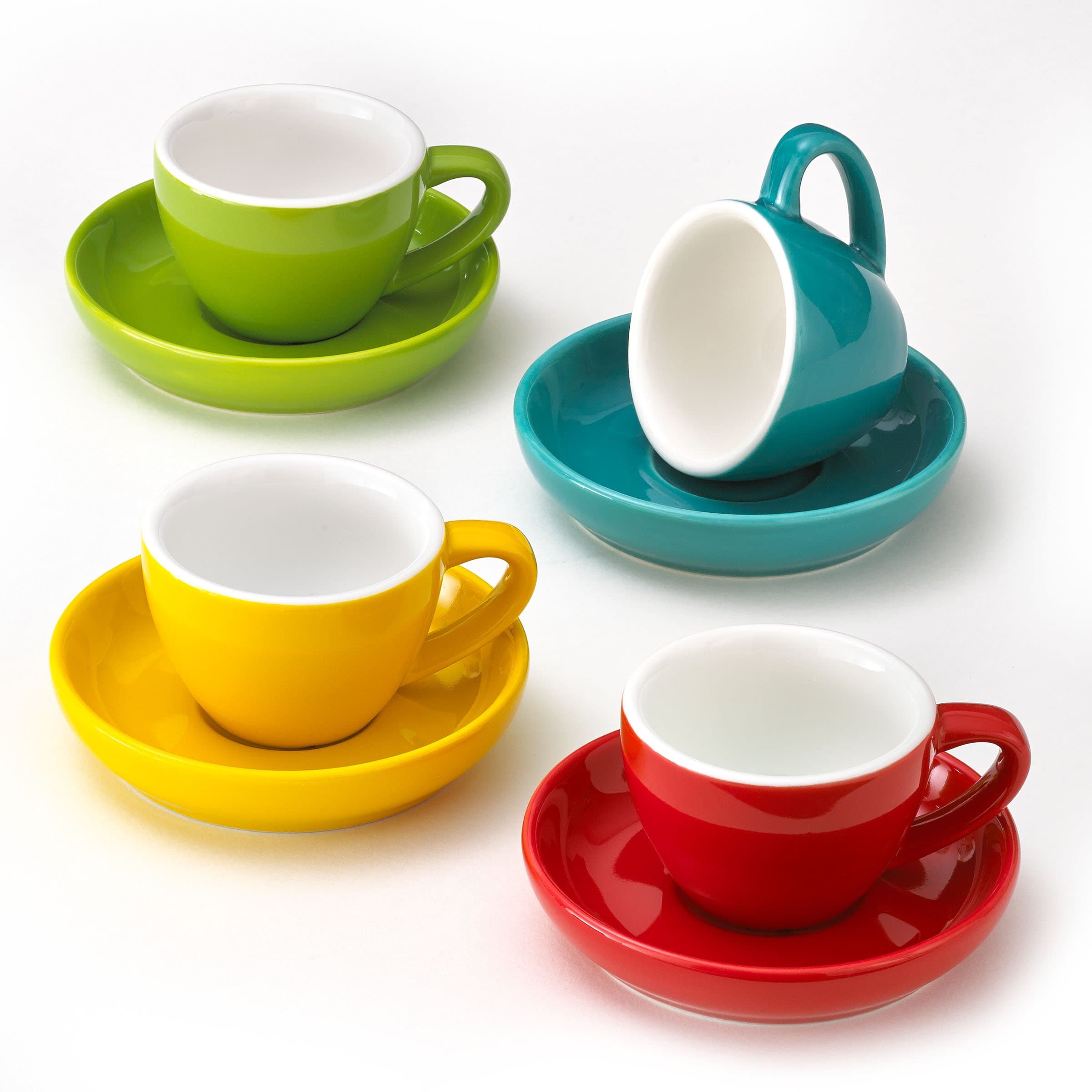 Espresso Cups and Saucers by Easy Living Goods - 3-Ounce Demitasse for Coffee, Set of 4, Assorted Colors (Vibrant)