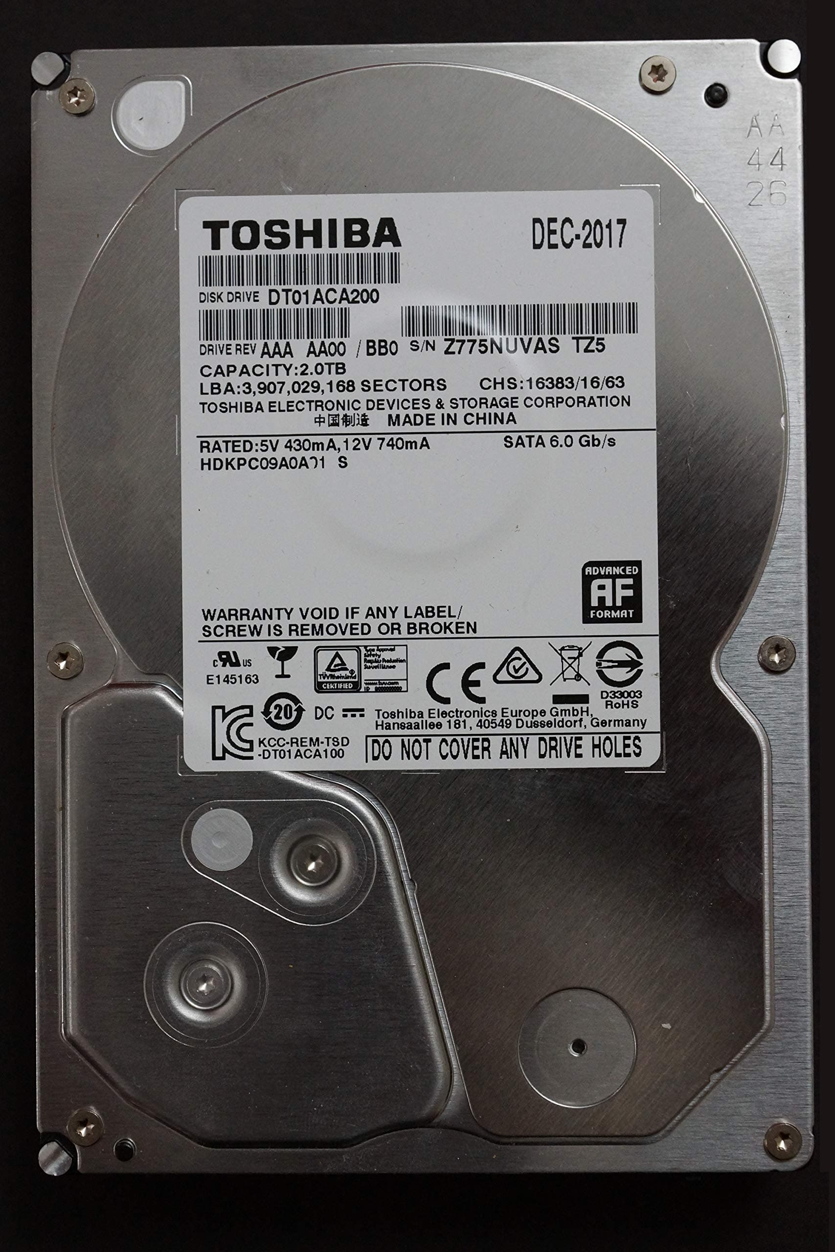 Toshiba DT01ACA DT01ACA200 2 TB SATA/600 7200 RPM 3.5" Internal Hard Drive HDKPC09 Bare Drive