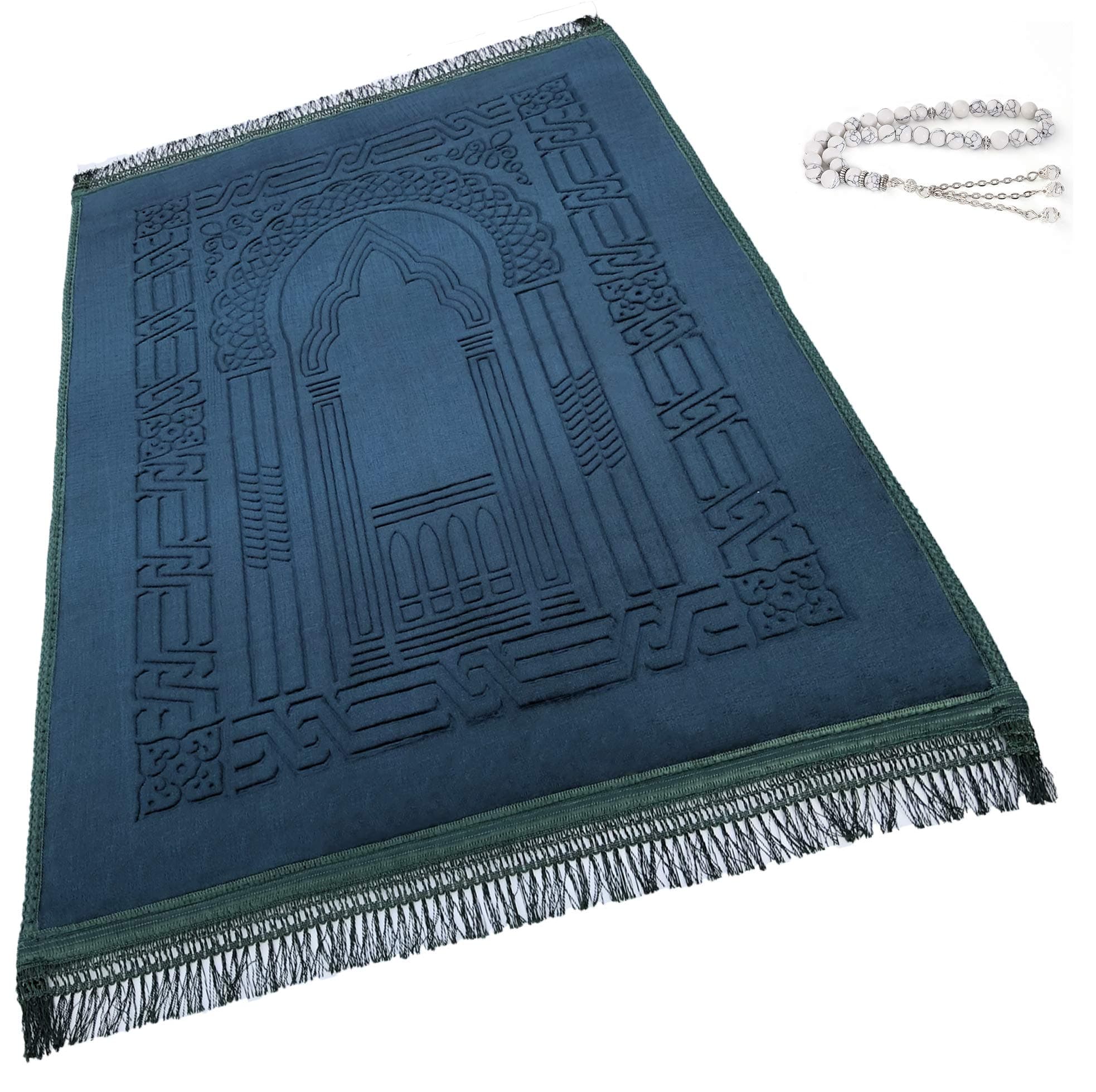 Islamika Prayer Rug Muslim Mat Islamic - Thick Large Padded Sajadah for Kids Men Women with Islam Prayer Beads for Eid Travel Ramadan, Soft Luxury Great for Knees and Forehead(Green)