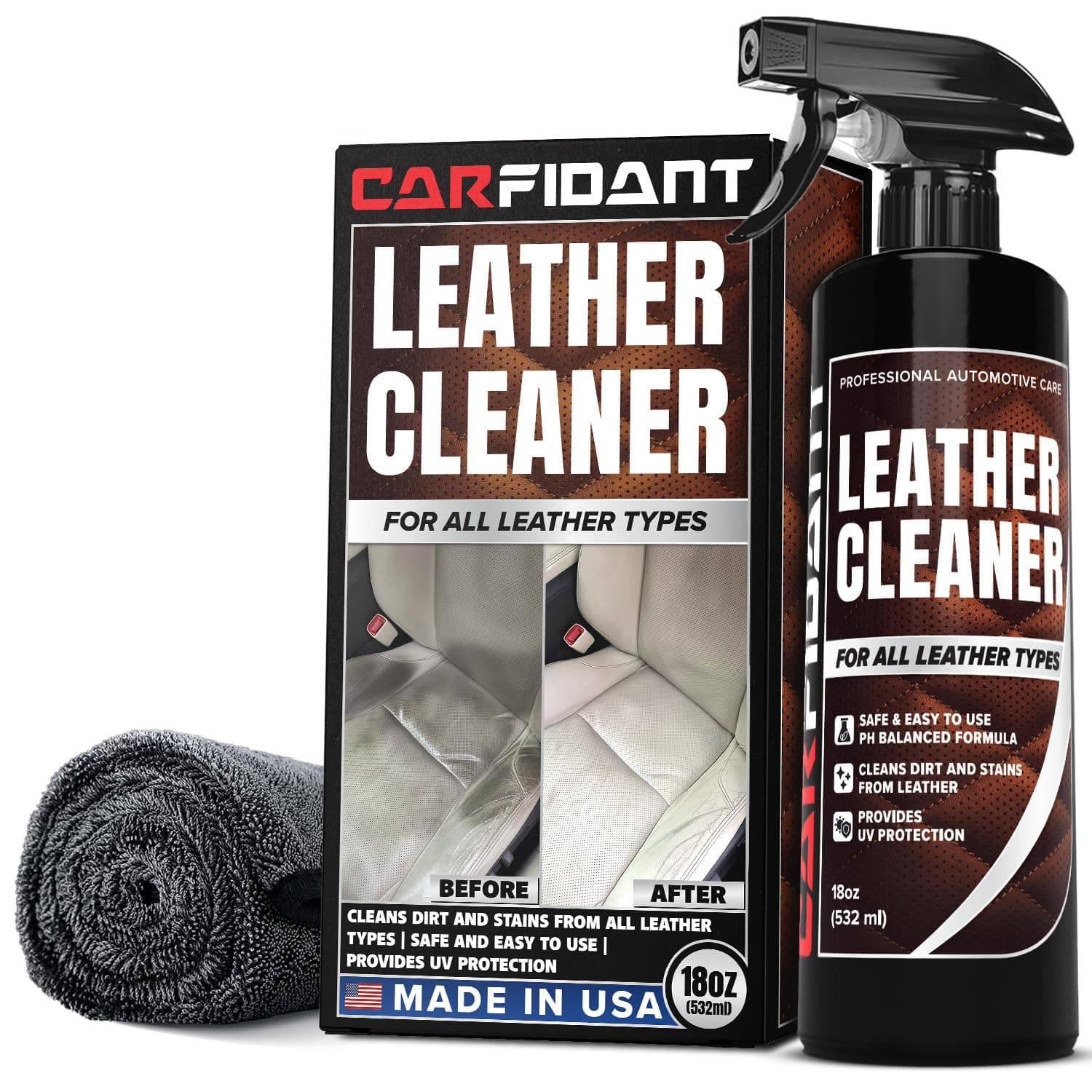 Carfidant Ultimate Leather Cleaner - Full Leather & Vinyl Cleaning Kit with Microfiber Towel for Leather & Vinyl Seats, Automotive Interiors, Car Dashboards, Sofas & Purses! - 18oz Kit