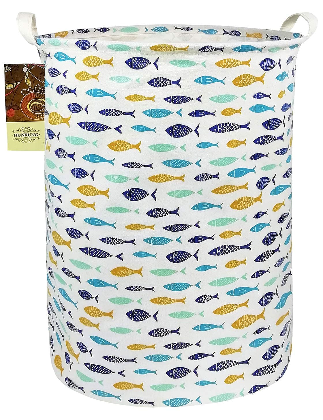 HUNRUNG Laundry Hamper,Large Canvas Fabric Lightweight Storage Basket Toy Organizer Dirty Clothes Collapsible Waterproof for College Dorms, Children Bedroom,Bathroom（Round-Fish）