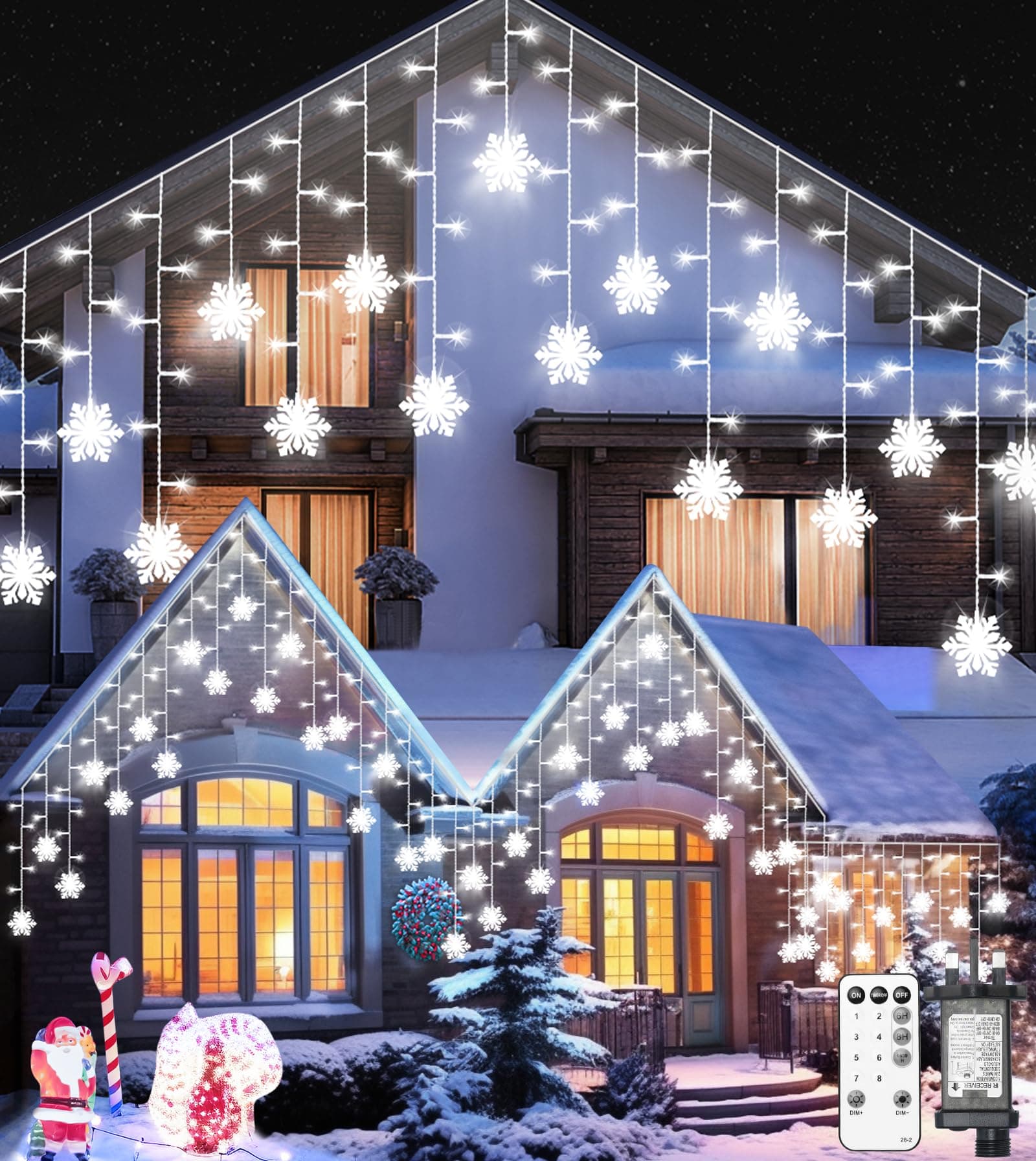 Icicle Outdoor Christmas Lights with Snowflake, 10.7M/35Ft 240LED Connectable Icicle Lights Waterproof,8 Modes&3 Timer&4 Brightness Levels with Remote for Eaves,Window,Festival Decor(Cool White)
