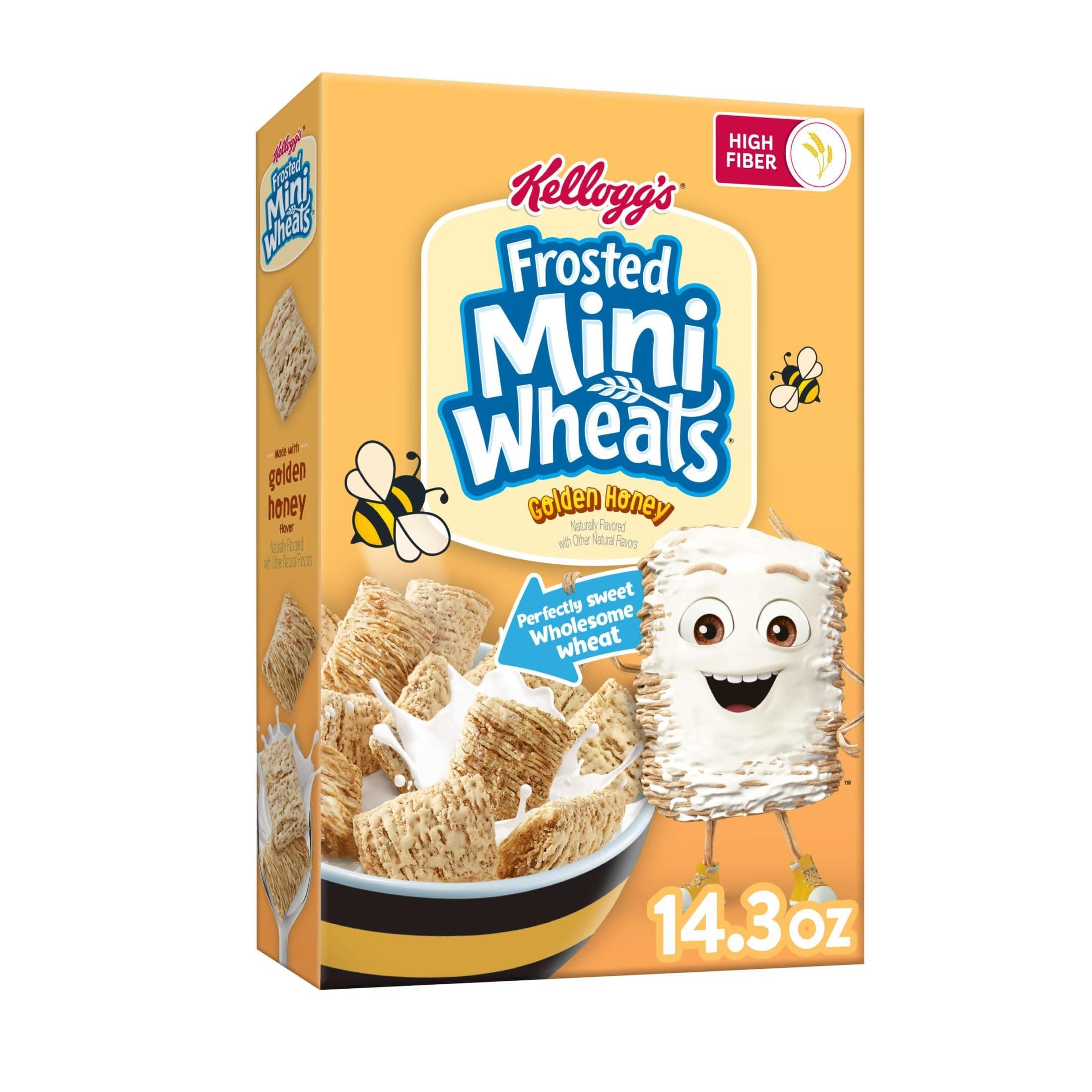 Kellogg's Frosted Mini Wheats Cold Breakfast Cereal, Fiber Cereal, Kids Snacks, Golden Honey, 14.3oz Box (1 Box)