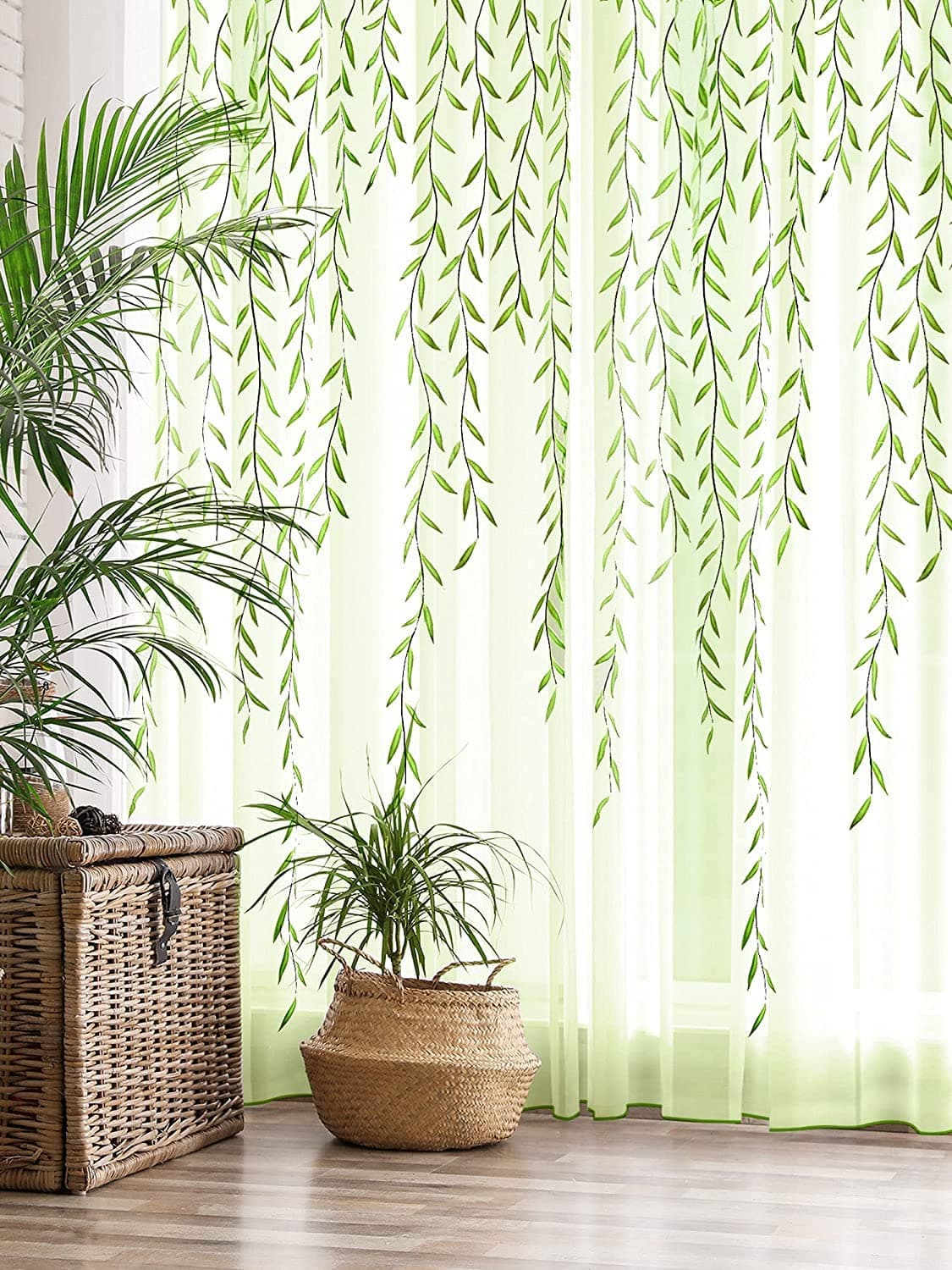 MAKINGTEC Green Sheer Curtains 39 X 106 Inches Long 2 Panels, Semi Sheer Voile Window Curtains, Willow Voile Botanical Window Curtain for Living Room Balcony Sunroom Closet Doorway,Light Green