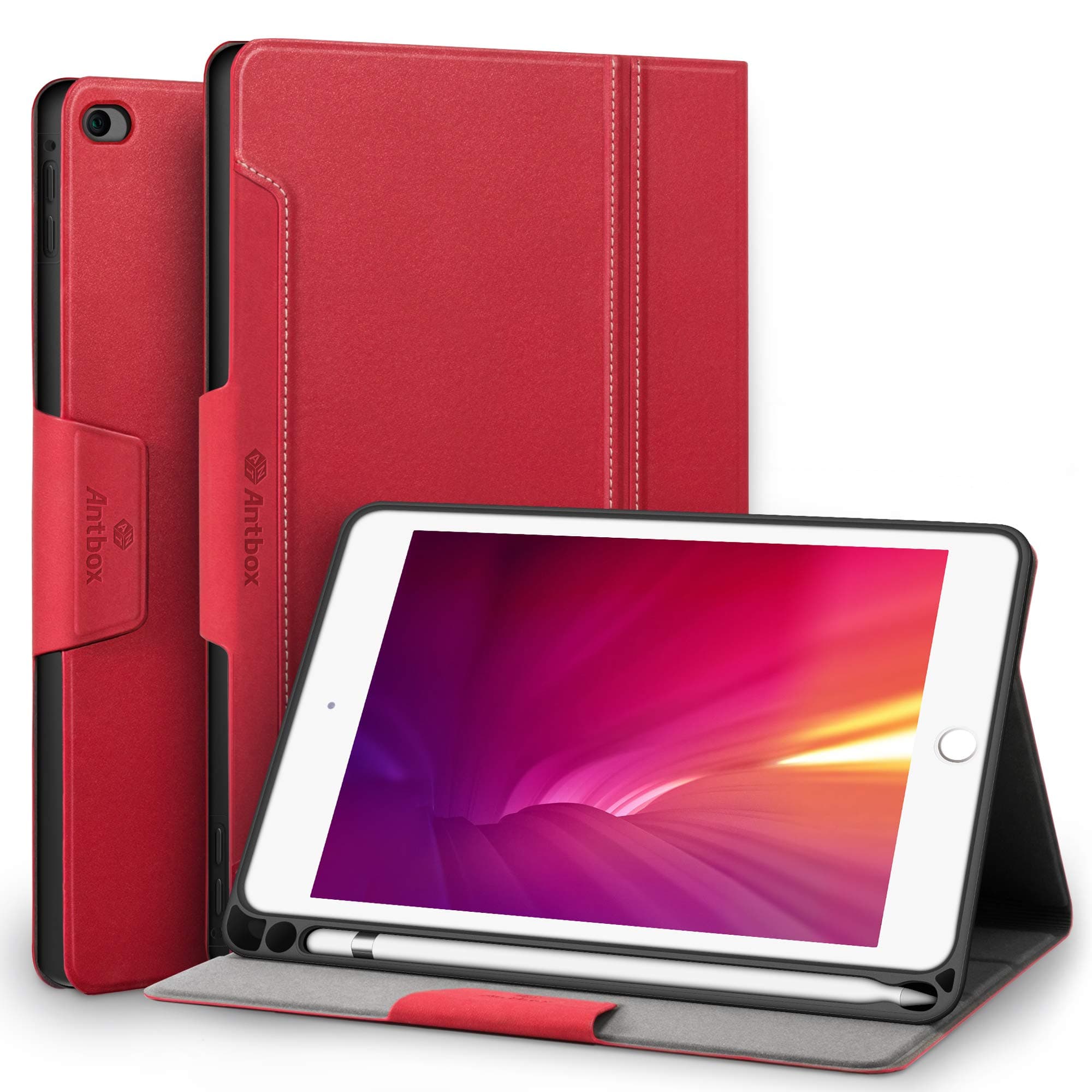AntboxCase for iPad Mini 5 2019 (5th Generation 7.9 inch) / iPad Mini 4 with Built-in Pencil Holder PU Leather Smart Cover with Auto Sleep/Wake Stand Function (Red)