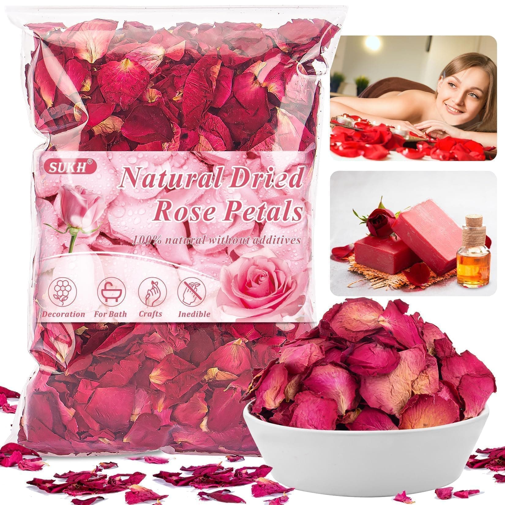 Sukh 5oz Dried Rose Petals – Real Flower Petals for Bath Spa, Soap & Candle Making, Wedding Flower Confetti, Resin Crafts & DIY Decorations, Romantic Valentine’s Day & Event Décor