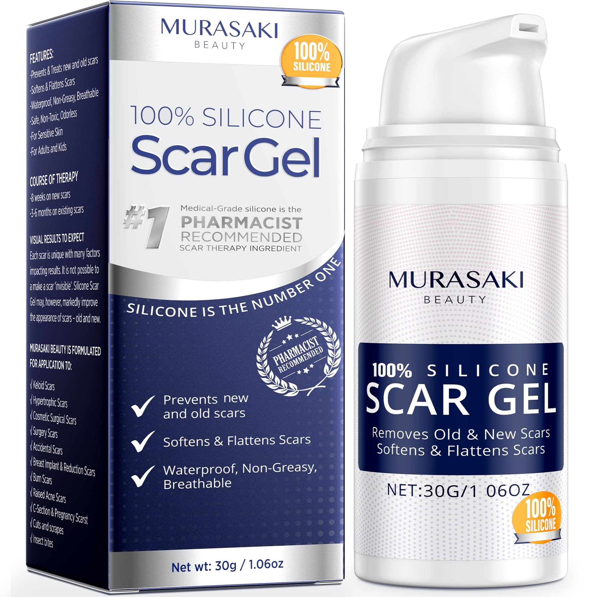 100% Silicone Scar Gel Scar Cream - Advanced Scar Gel for Surgical Scars, C-Section, Stretch Marks, Acne, Injury, Burns, Keloids, Old and New Scars 1.06oz(30g) (Maximum Strength 100% Silicone)