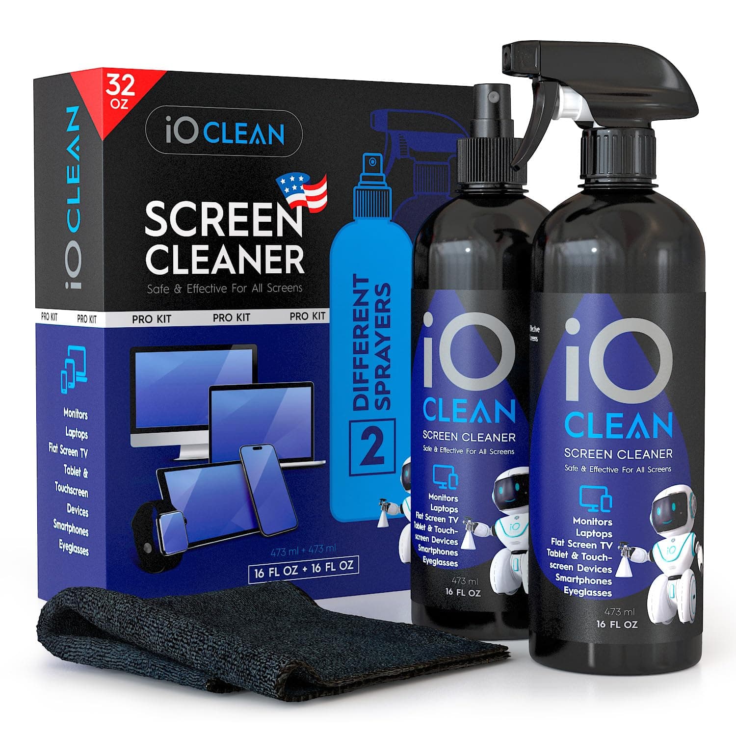 Screen Cleaner Spray (16oz+16oz) – Large 32oz Kit for LCD LED Matte TVs, Smartphones, iPads, Laptops, Touchscreens, Computer Monitors, Other Electronics – 2 Microfiber Cloths and 4 Sprayers