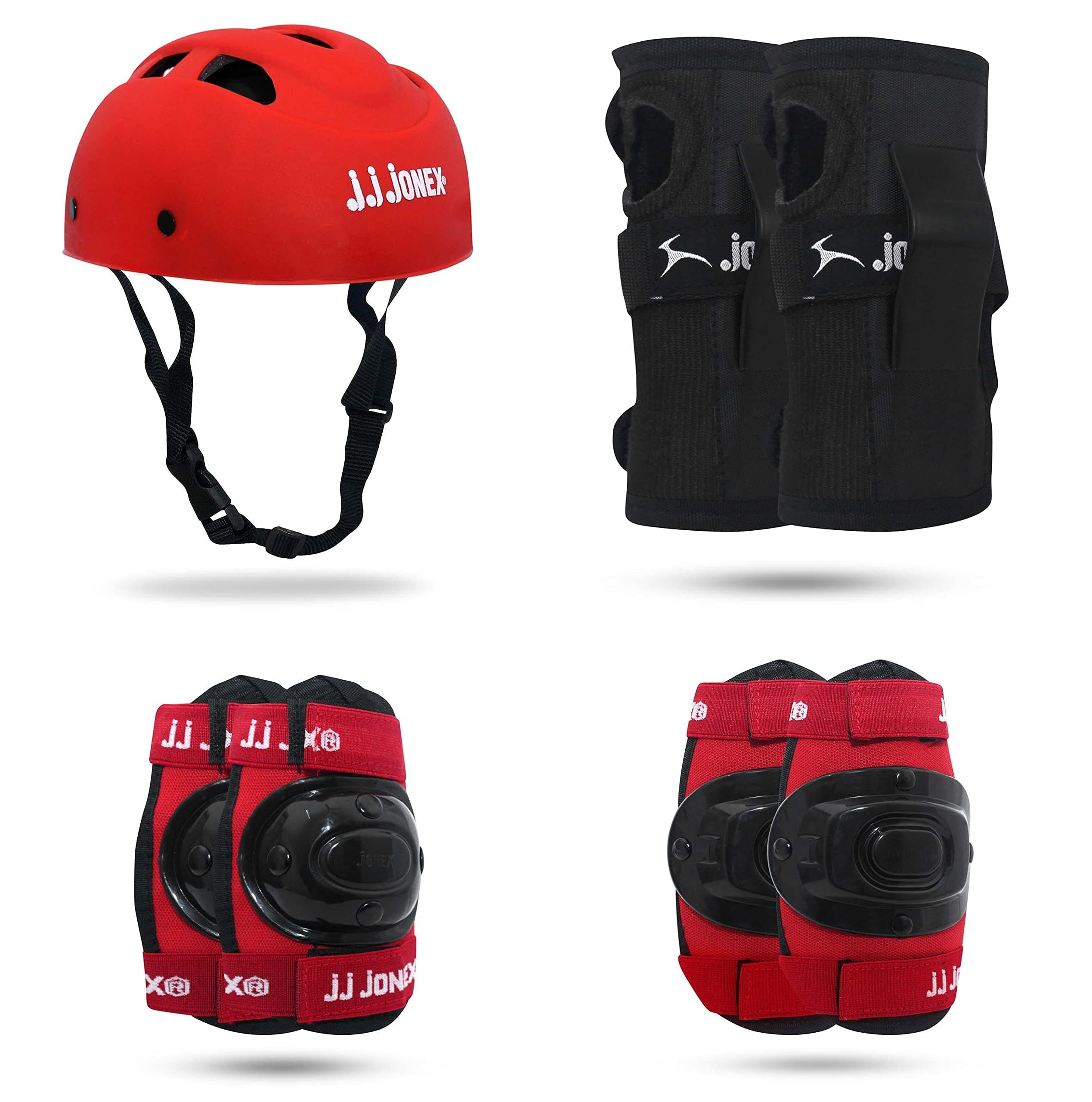 JJ Jonex Multi Sport Gear Helmet Elbow Guards Knee Caps & Hand Gloves Set for Children (Red, Black, Small, 5-16 Years) (WS)