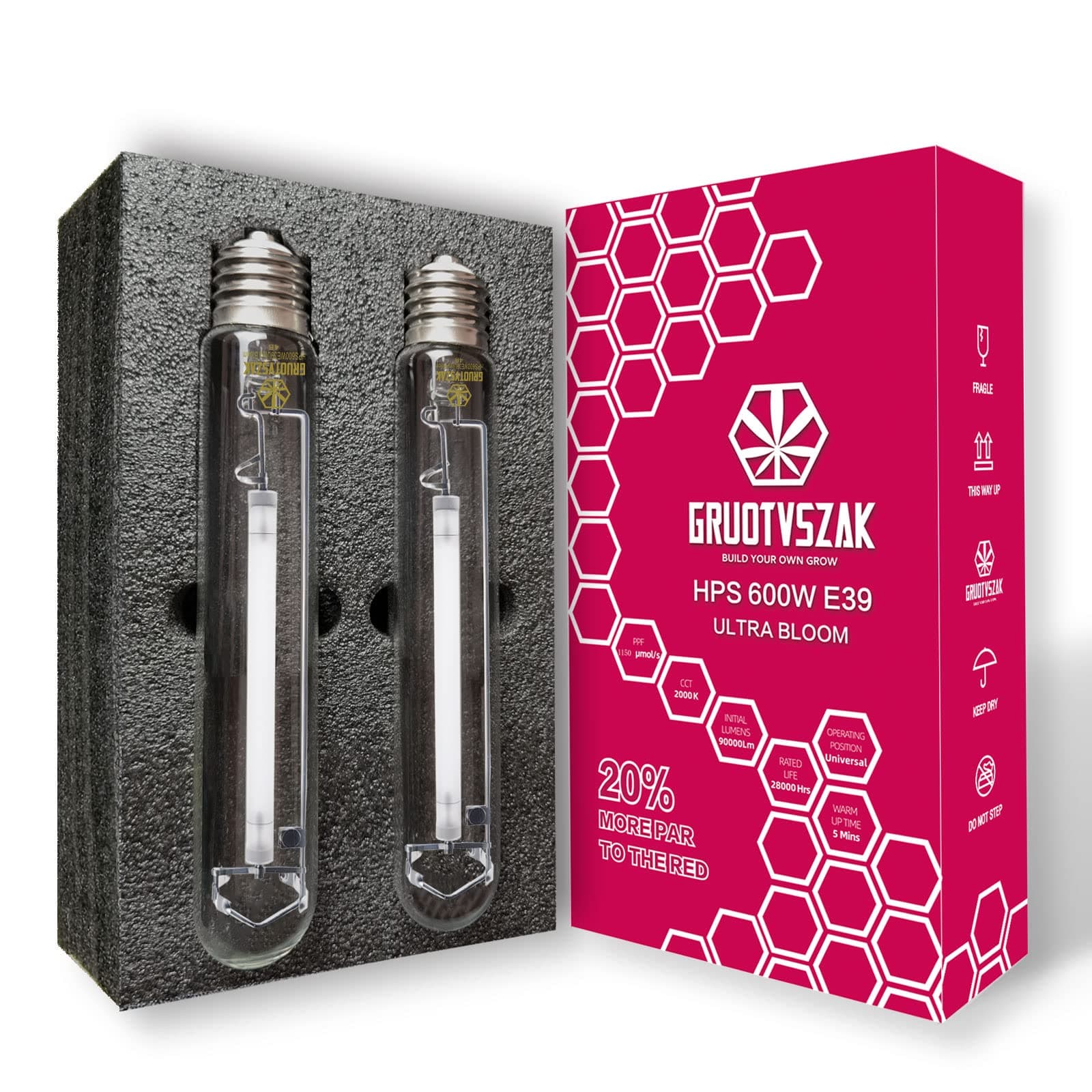 GRUOTVSZAK HPS 600 Watt Grow Light Bulb E39 1150μmol Ultra PPF 20% to 40% PAR Increases Concentrate on RED Spectrum 90000 Lumens High Pressure Sodium 2-Pack