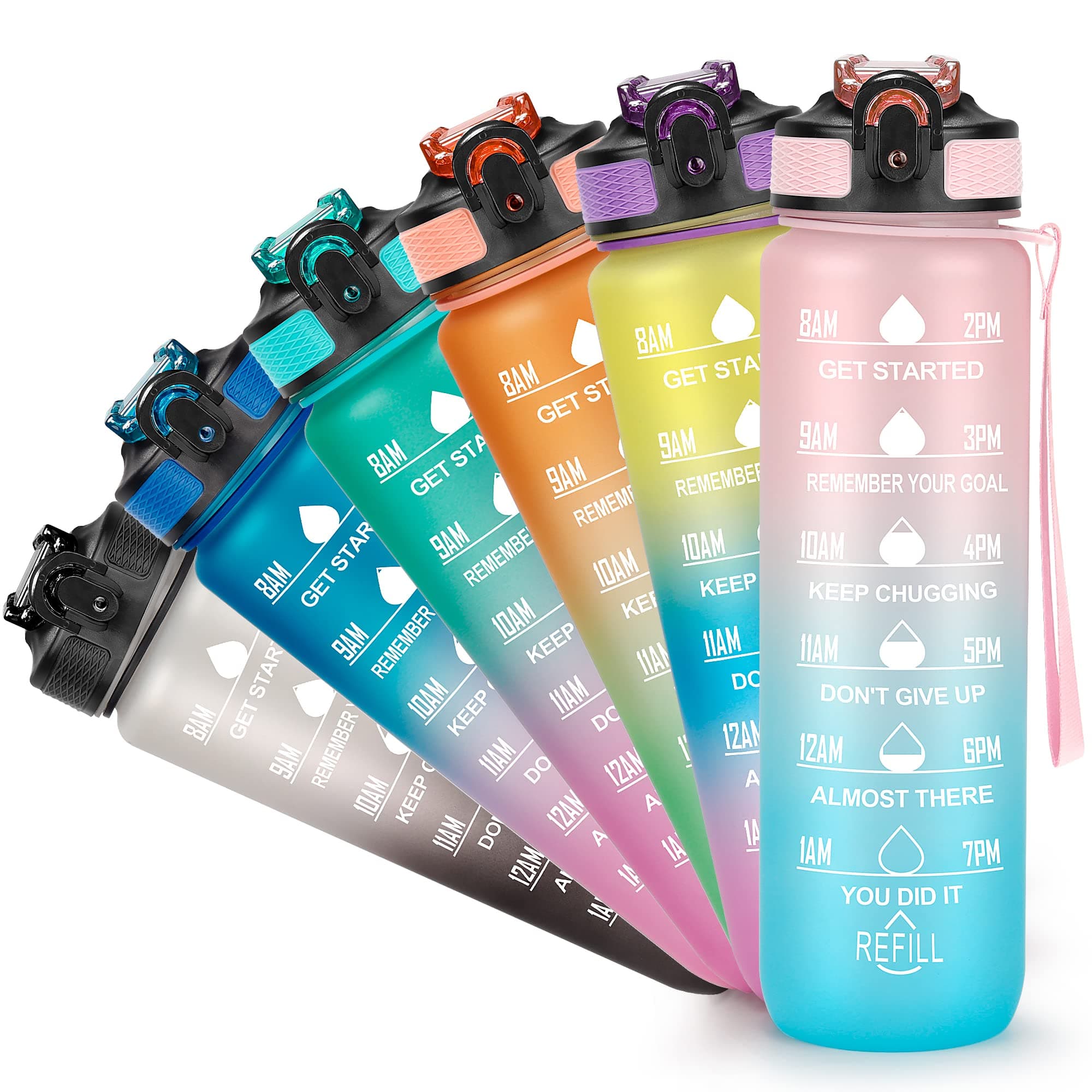 1 Litre Motivational Water Bottle with Time Marker, Leak-proof BPA Free Sports Water Bottles with Straw & Carrying Strap