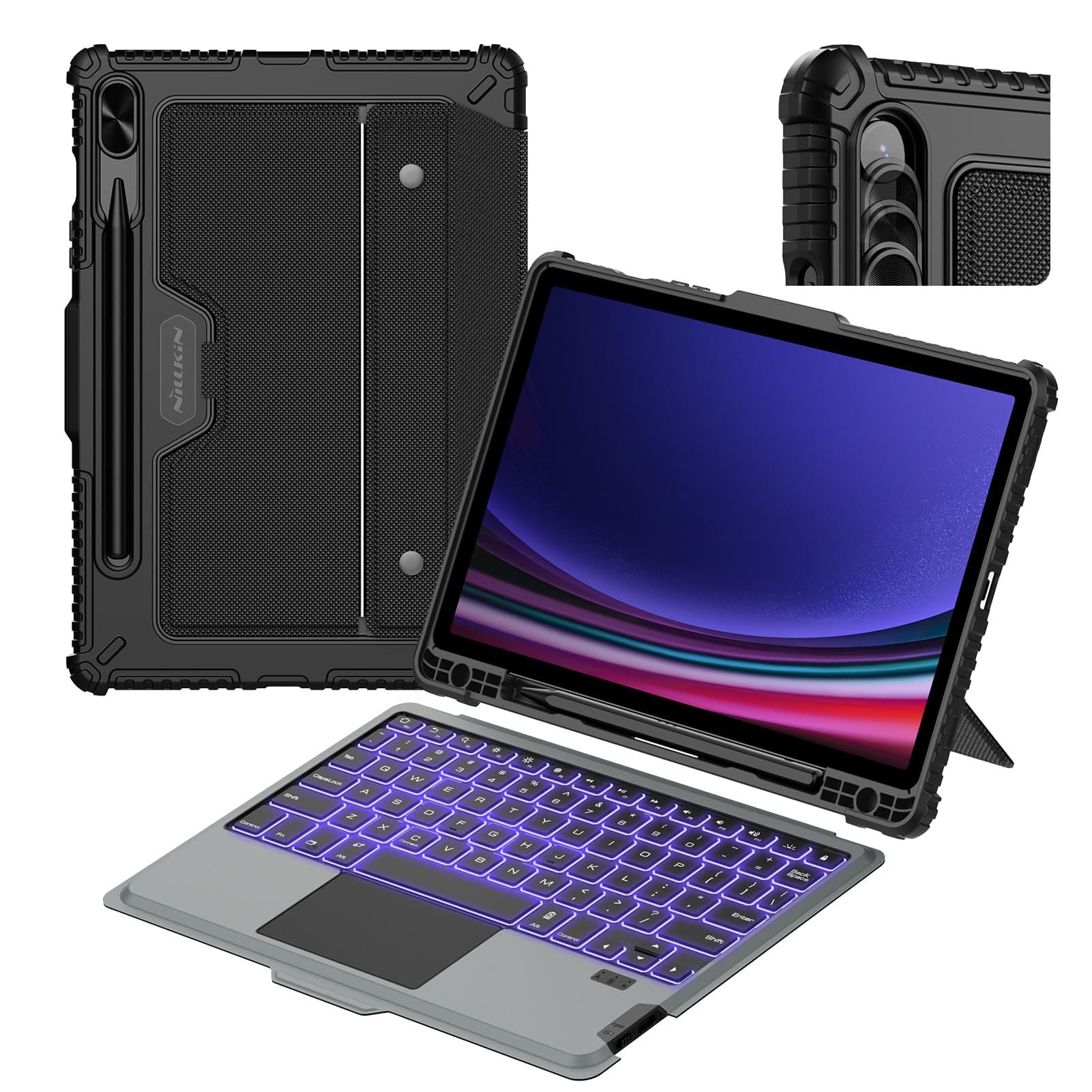 for Samsung Galaxy Tab S9 11” Case with Detachable Keyboard, Multi-Touch Trackpad, 7-Color Backlit, S Pen Holder, Rugged Keyboard Case with Camera Cover for Samsung Tablet S9