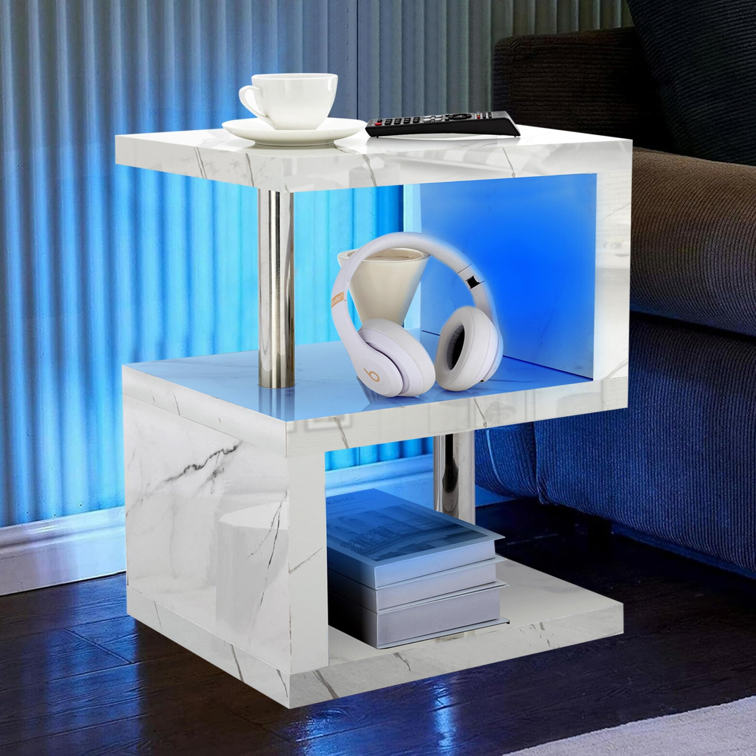 – High Gloss Coffee Table Small Side Table with LED RGB Lights Coffee Table for Living Room 2 Tier Storage Shelves S Shape Rectangle Table with Home Office Furniture 44L x 38W x 57H cm