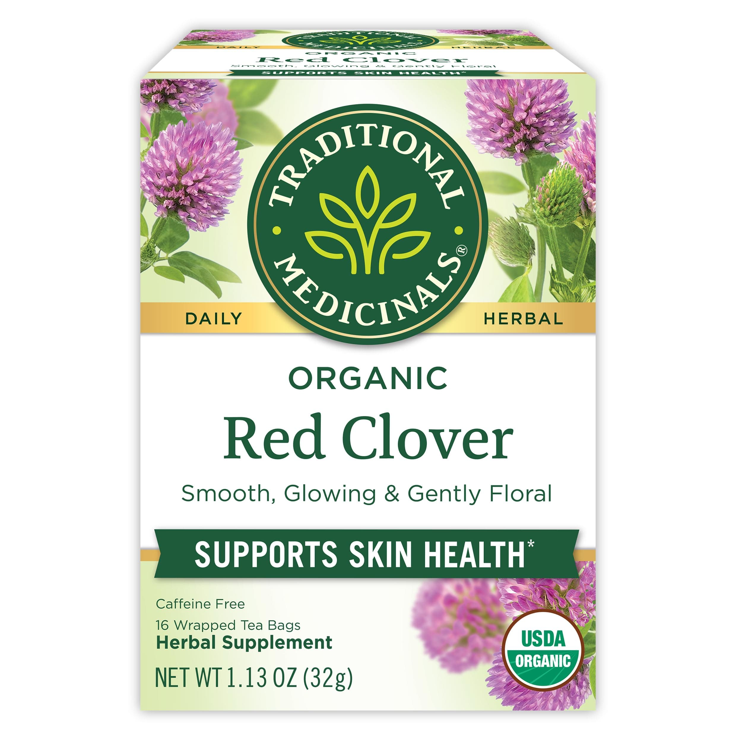 Traditional Medicinals Tea, Organic Red Clover - Supports Skin Health - Kosher, Non-GMO, Caffeine-Free - 16 Tea Bags