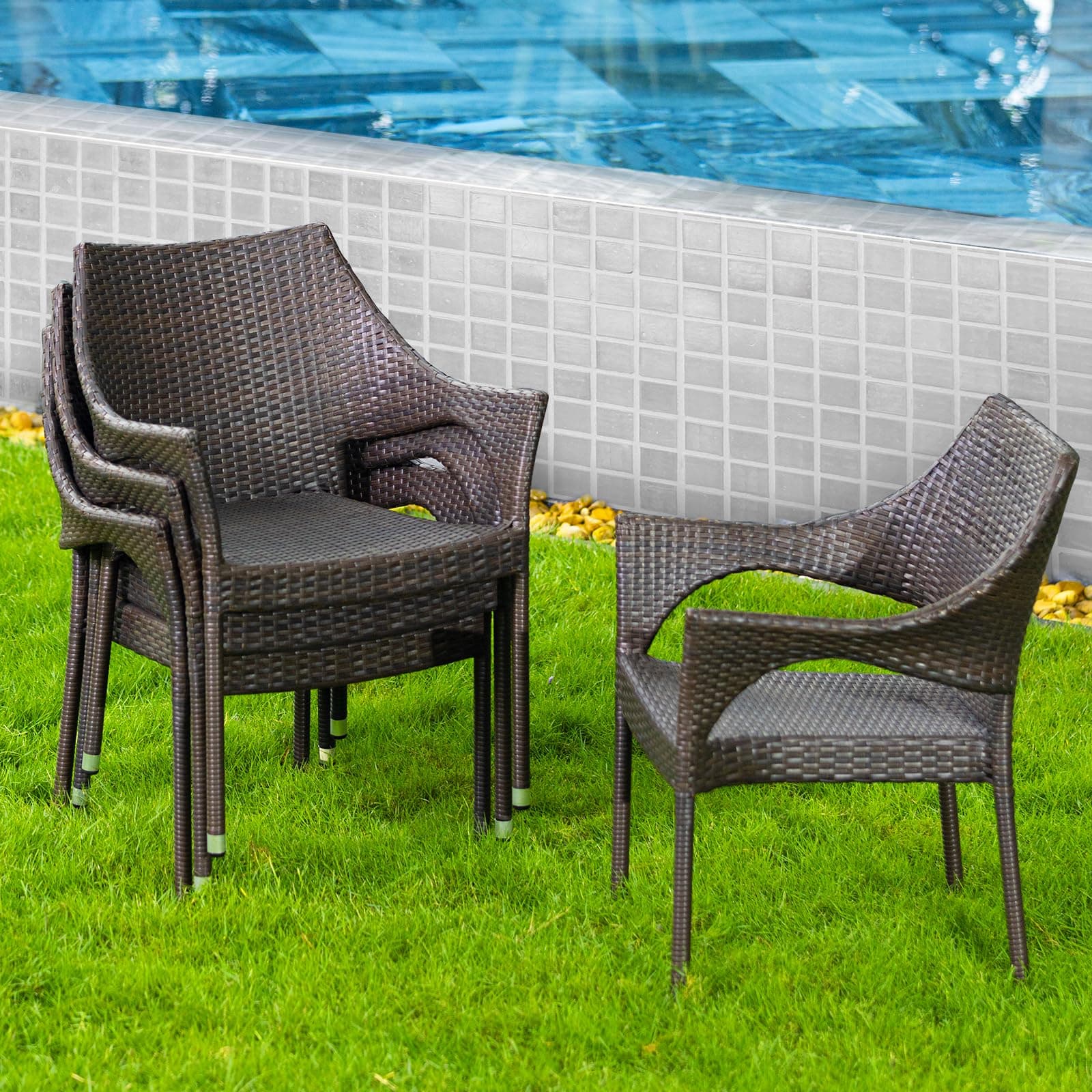 IDZO Etonnant Outdoor Dining Chairs Set of 4, 2000 Hours UV Wicker, Supports 400lbs, Stackable with Curved Armrest and Powder-Coated Steel Frame, Ideal for Patio, Garden, Balcony, and Outdoor Use