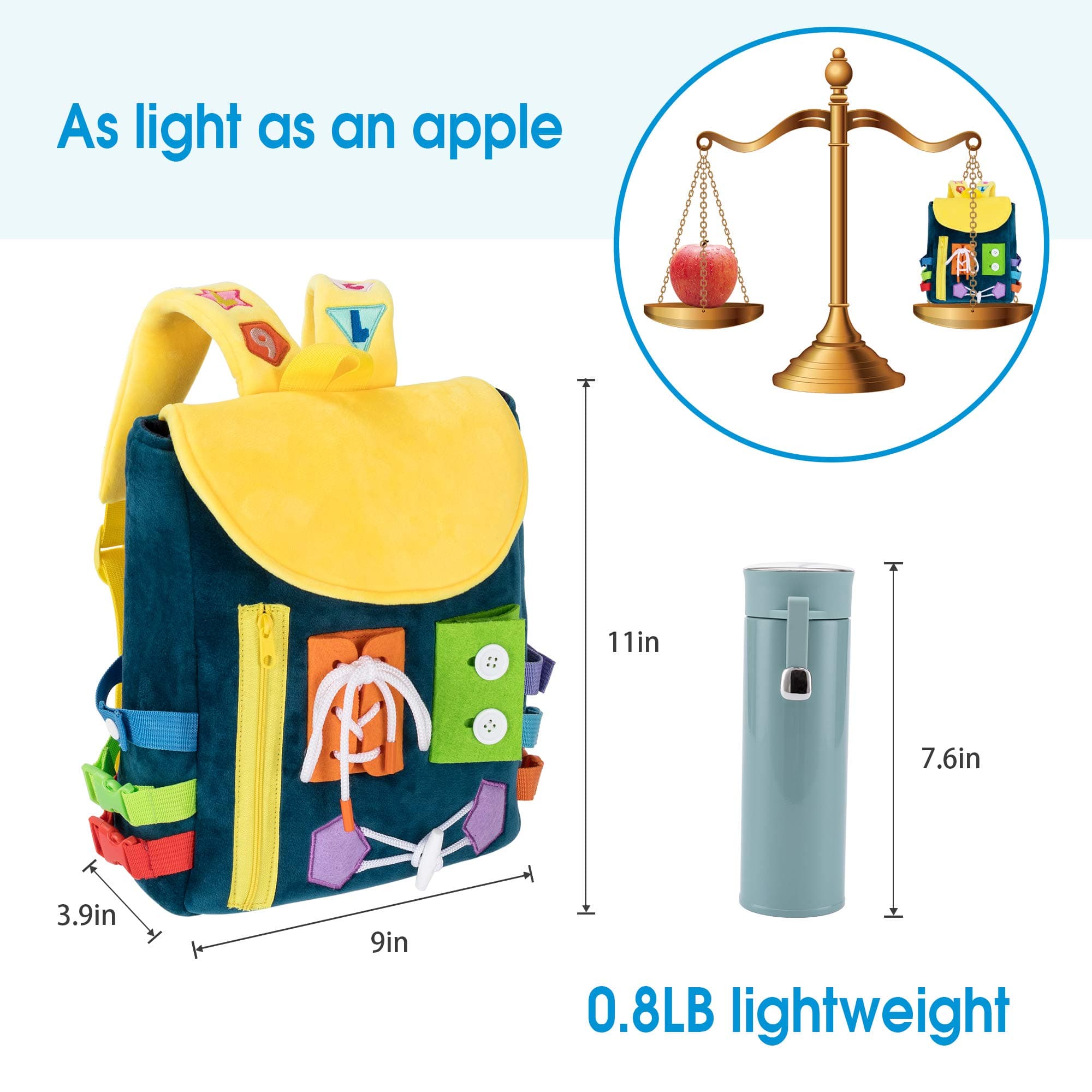 WHITE DOLPHIN TOYS Toddler Backpack with Learning Activities - Busy Board - Multi-coloured, Soft Shell, School, 11.1 x 3.9 x 8.6 inches