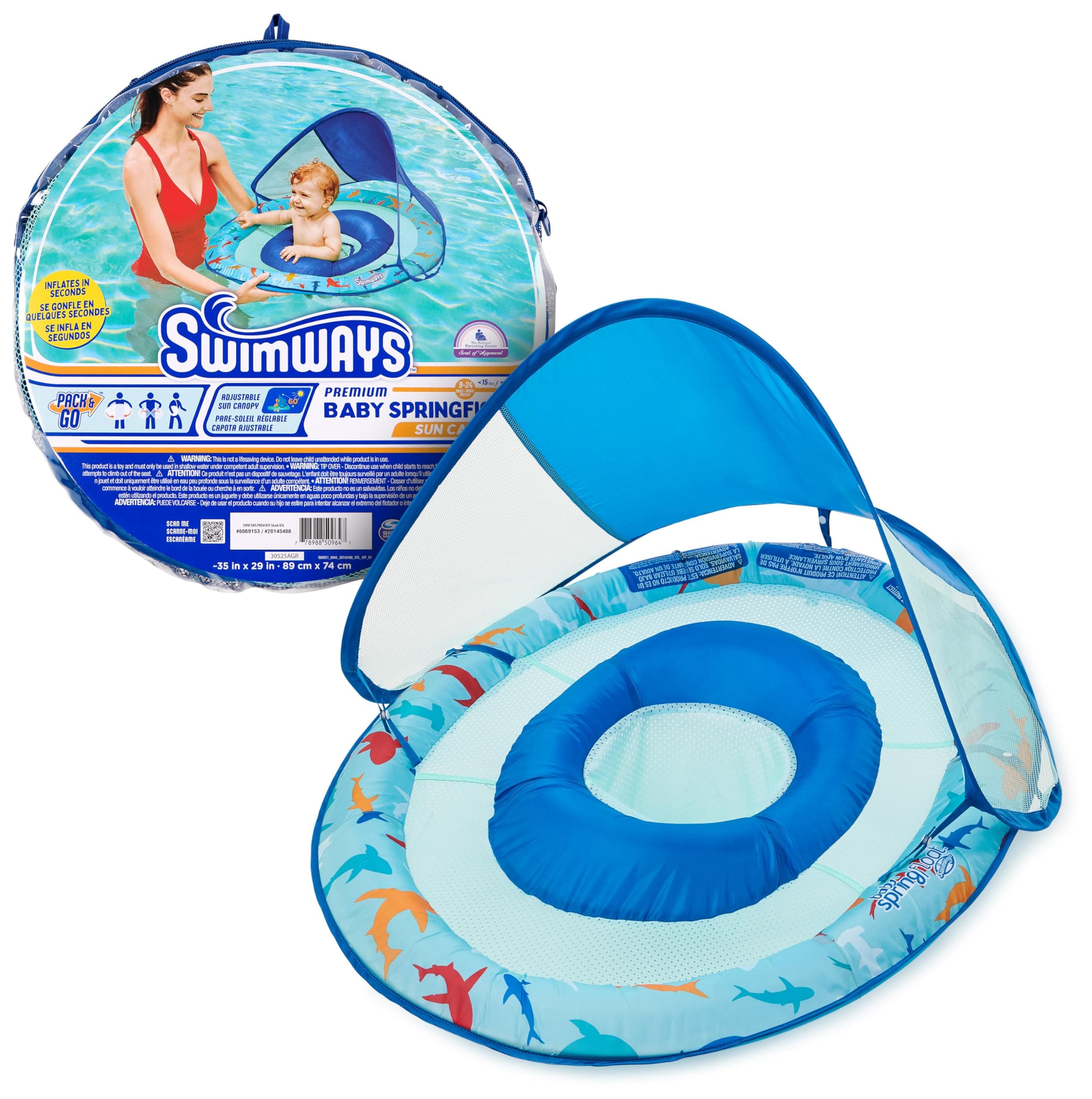 SwimWays Baby Spring Float with Adjustable Canopy and UPF Sun Protection, Blue Lobster