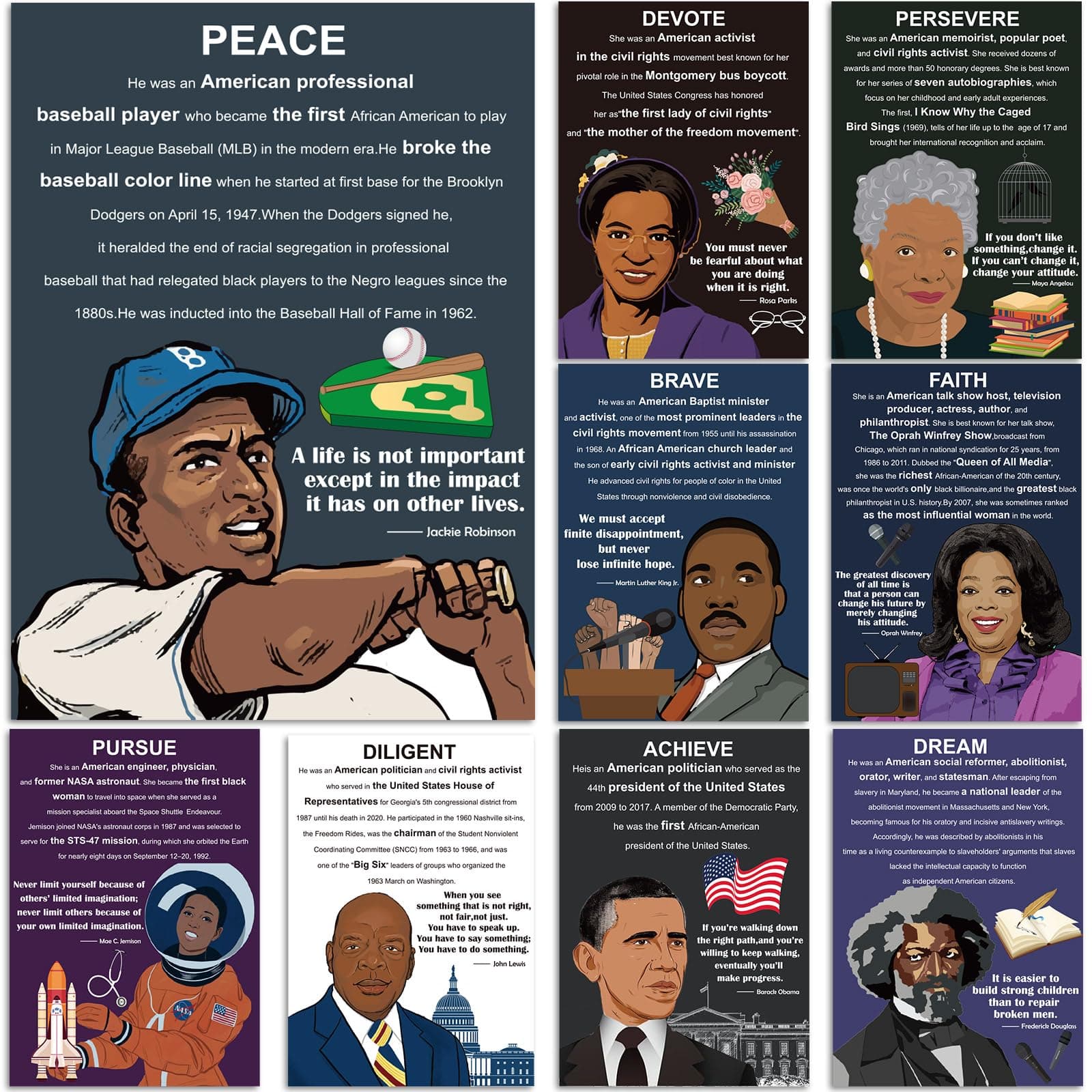 9 Pieces Black History Posters African American Inspirational Wall Art 16x11inch Posters for Middle School and High School Classroom Library Office or History Classroom Decorations or Homeschool