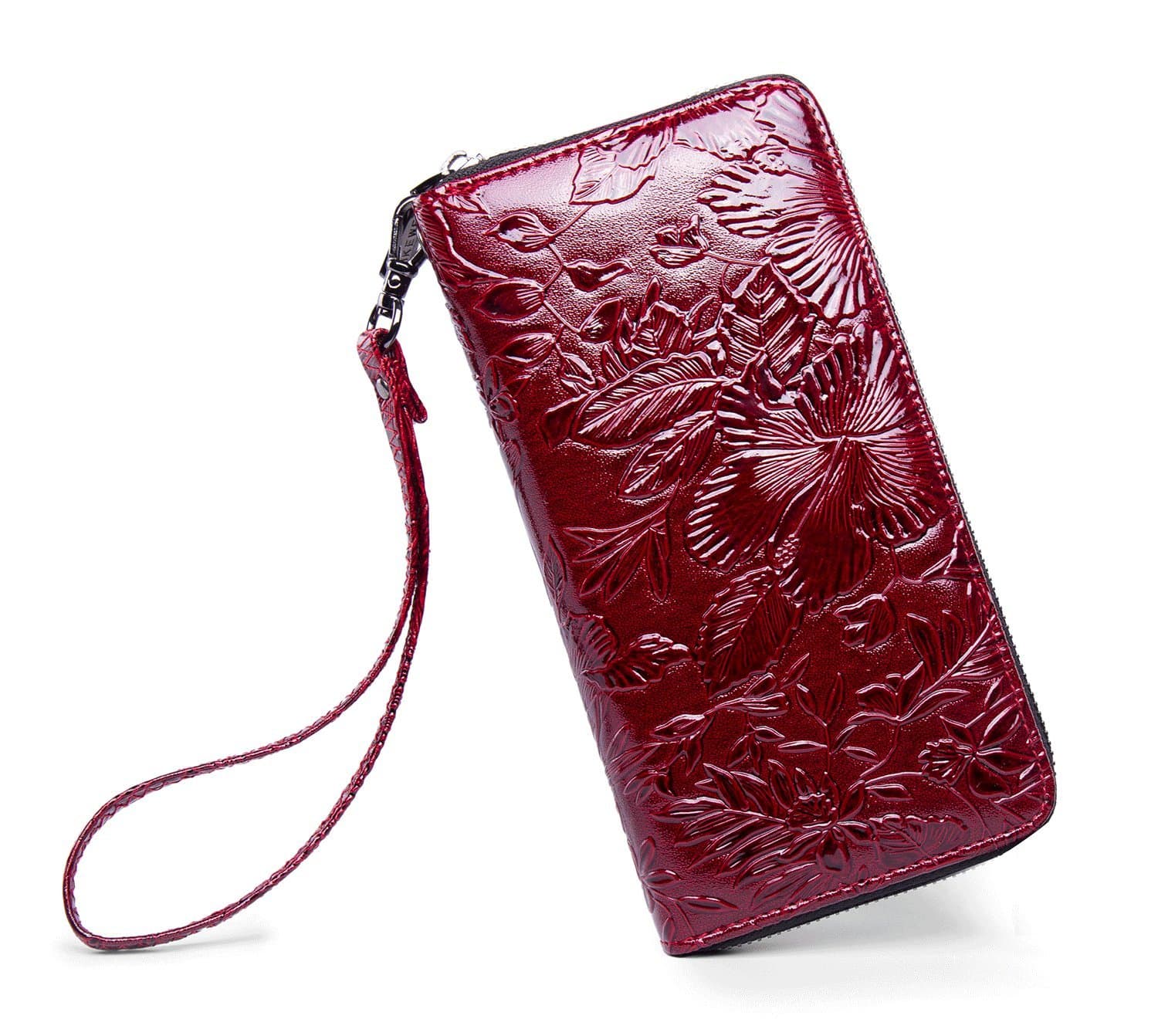 Women Deep Red Flower Wallet Zip Around Clutch Large Travel Purse (PU-Flower-DRed)