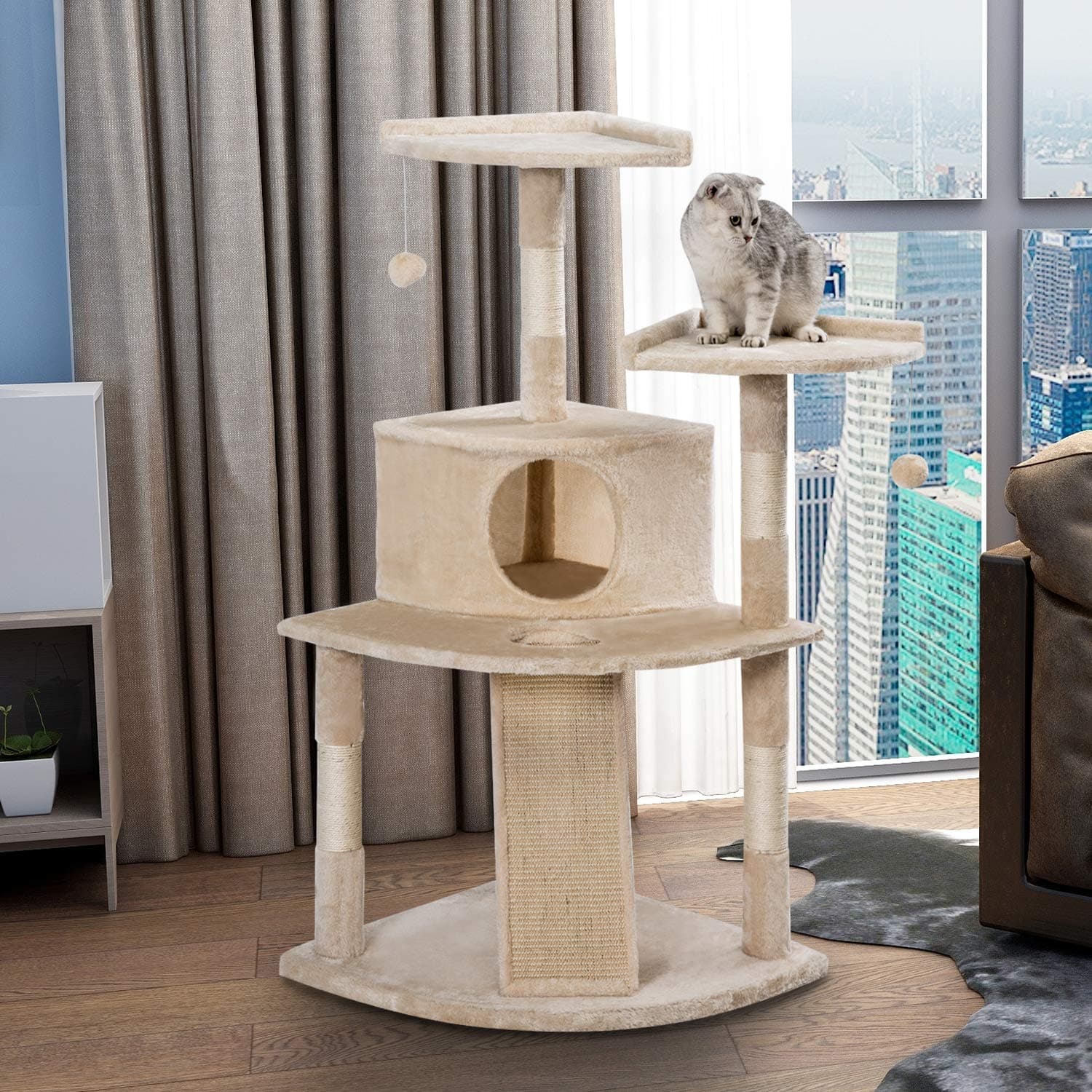PURLOVE® Large Cat Tree Cat Scratcher Activity Centre Scratching Post Climbing Tower Tree with Cat Toys Mouse (Beige, Type 2)