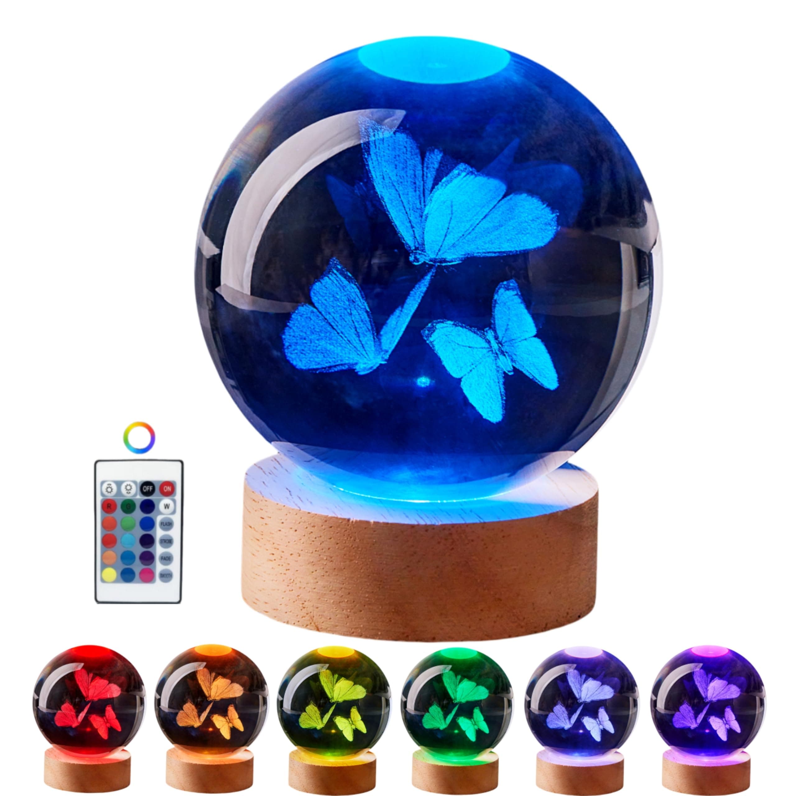 3D Butterfly Crystal Ball Lamp,Lifelike Three Butterflies Night Light,16 Colors Changing Light,Dimmable Remote Control, Gift Lamp (Butterfly)