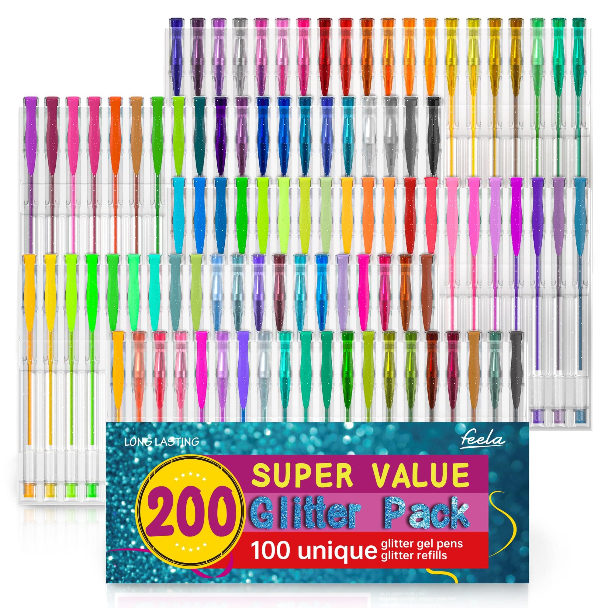 feela 200 Pack Glitter Gel Pens Set 100 Gel Pen plus 100 Refills for Adult Coloring Books Drawing Art Markers