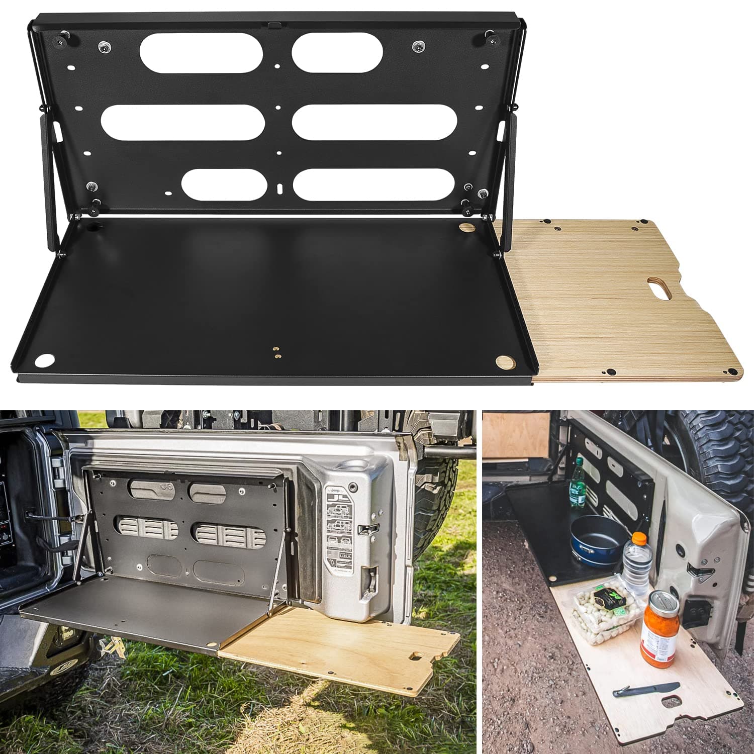 E-cowlboy Drop Down Tailgate Table for 2007-2024 Jeep Wrangler JK JKU JL JLU Unlimited Sports Freedom Sahara Rubicon Rear Door Foldable Table Cargo Shelf Storage Cargo Luggage Holder Carrier