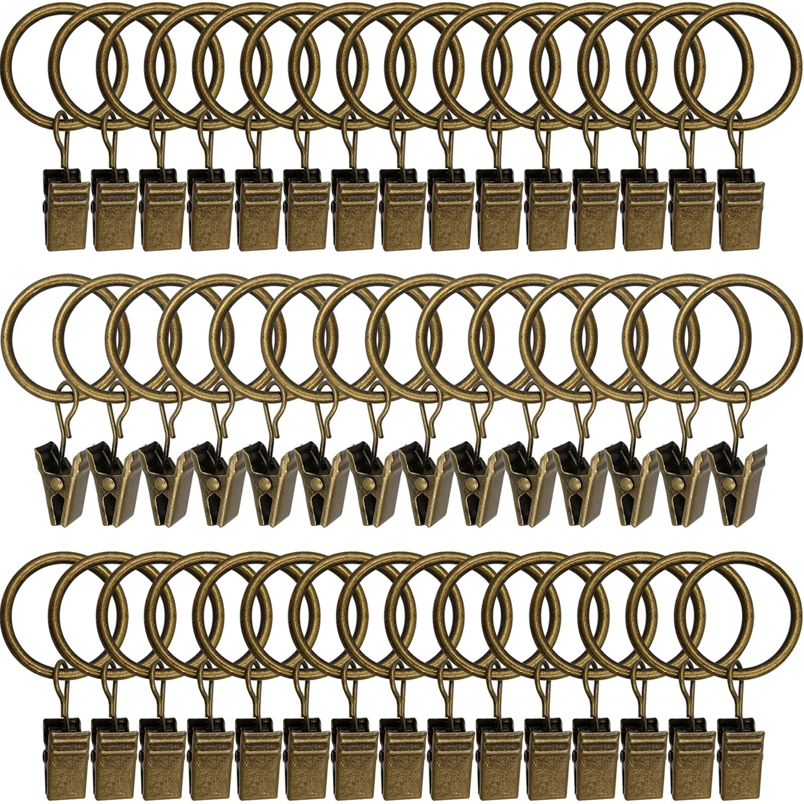 44 Pack Metal Curtain Rings with Clips, Drapery Clips with Rings, Drapes Rings 1 in I D, Fits Diameter 6/8 in Curtain Rod, Vintage Bronze